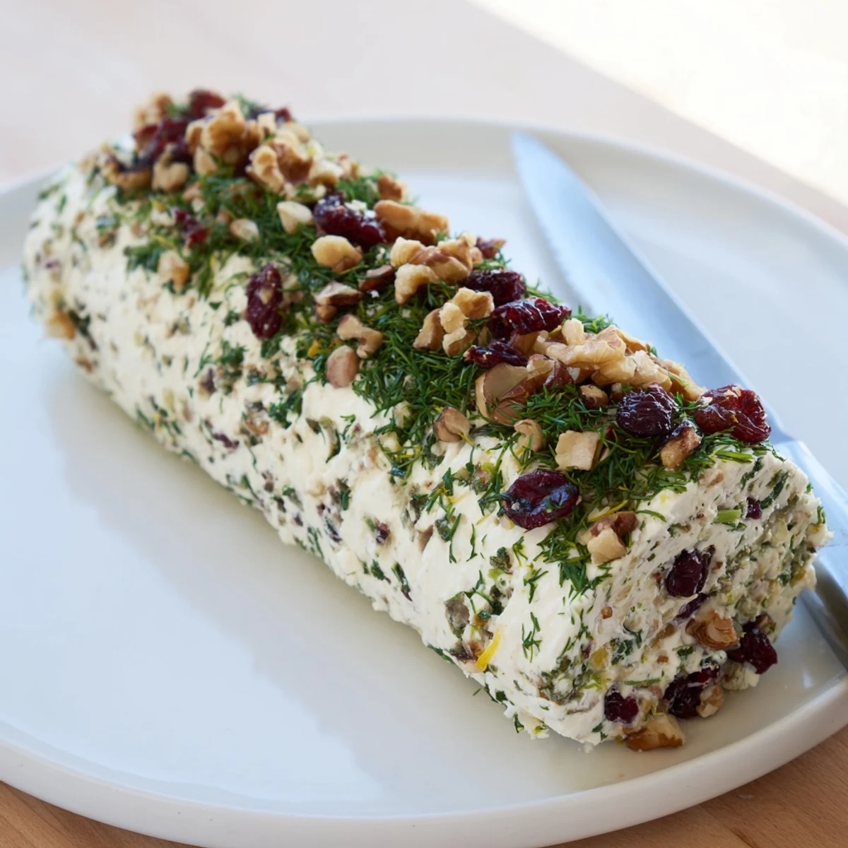 Visually stunning Winter Snowdrift Goat Cheese Log, showcasing herbs, nuts, and cranberries ready to enjoy.