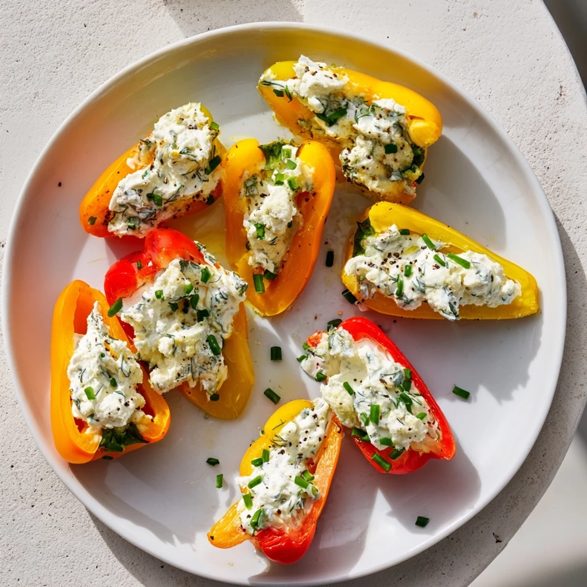 Vibrant mini bell pepper halves overflowing with creamy feta filling, ready to serve as an appetizer.