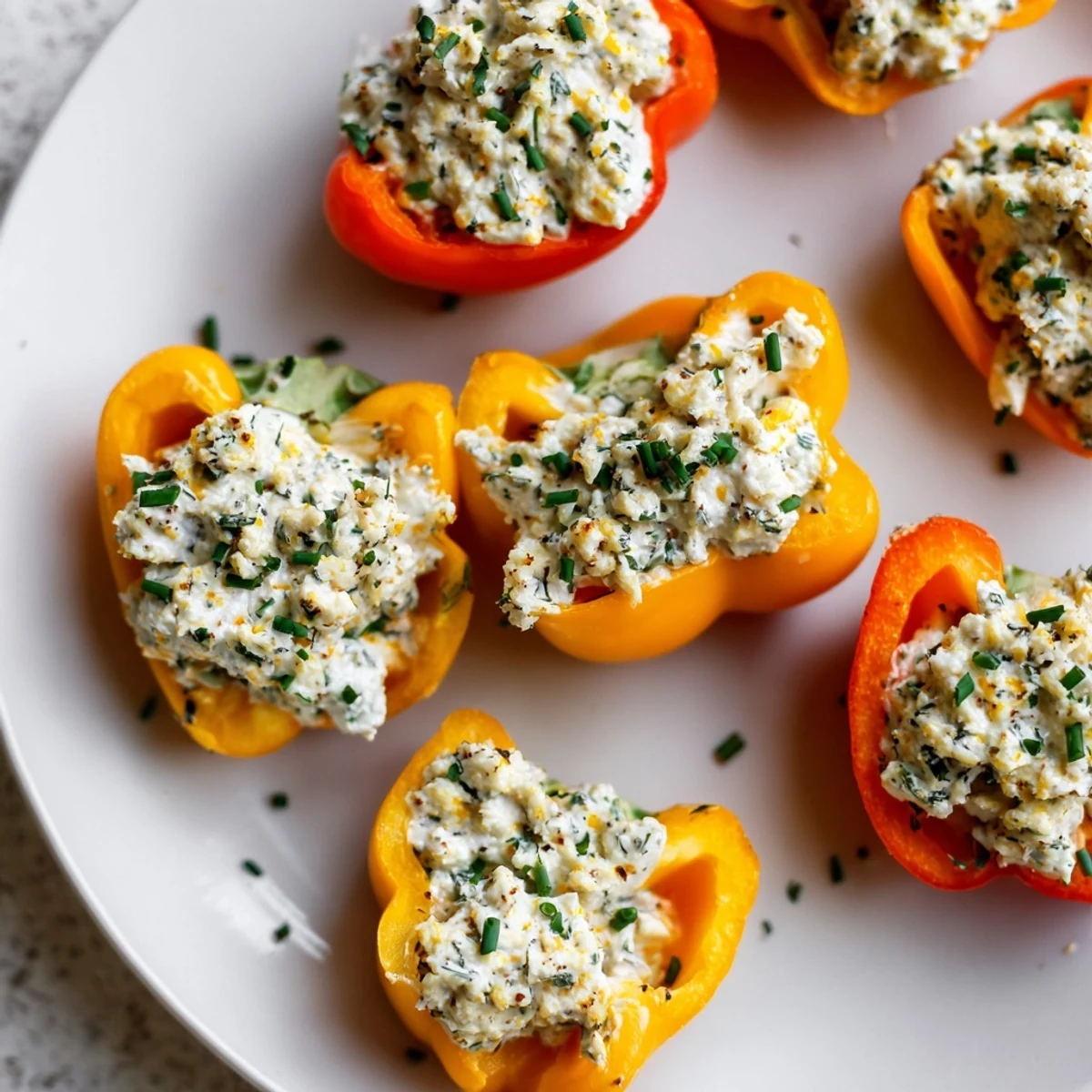 A platter of delicious mini bell pepper halves, filled with herbed feta and drizzled lightly with olive oil.