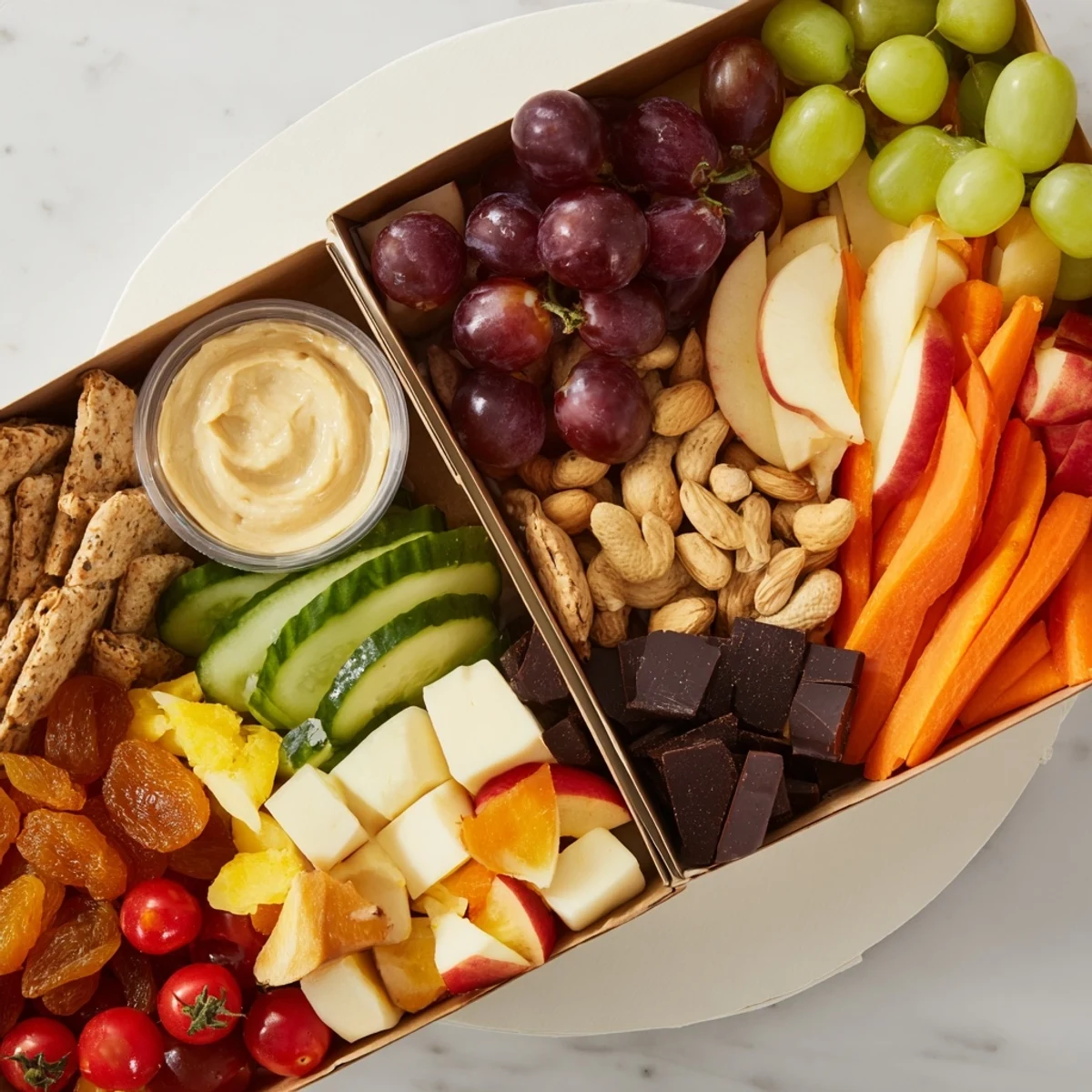 Fresh road trip snack box with colorful fruits, cheese, and crackers, a perfect travel treat.