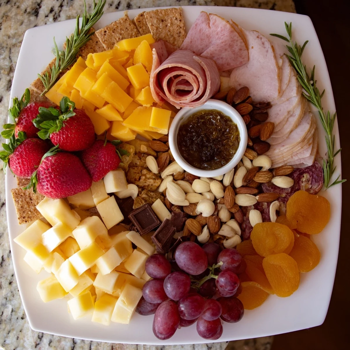 This delicious Anniversary Heirloom Arrangement features grapes, nuts, and cheeses, ready for a romantic evening together.