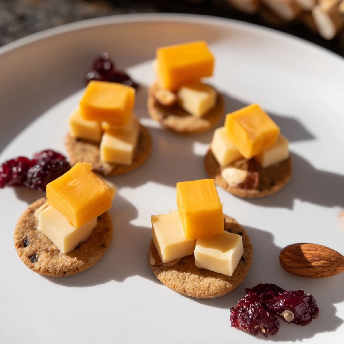 Savory Work From Home Desk Treat: a close-up of cheddar and gouda cubes atop wheat crackers.