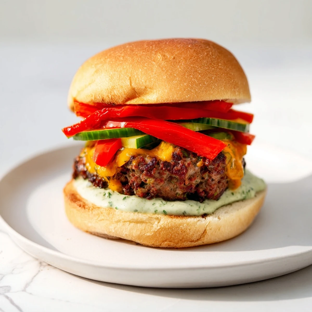 Sizzling Fire & Ice Burger, topped with melted pepper-jack, cucumber slices, and cool yogurt dip.