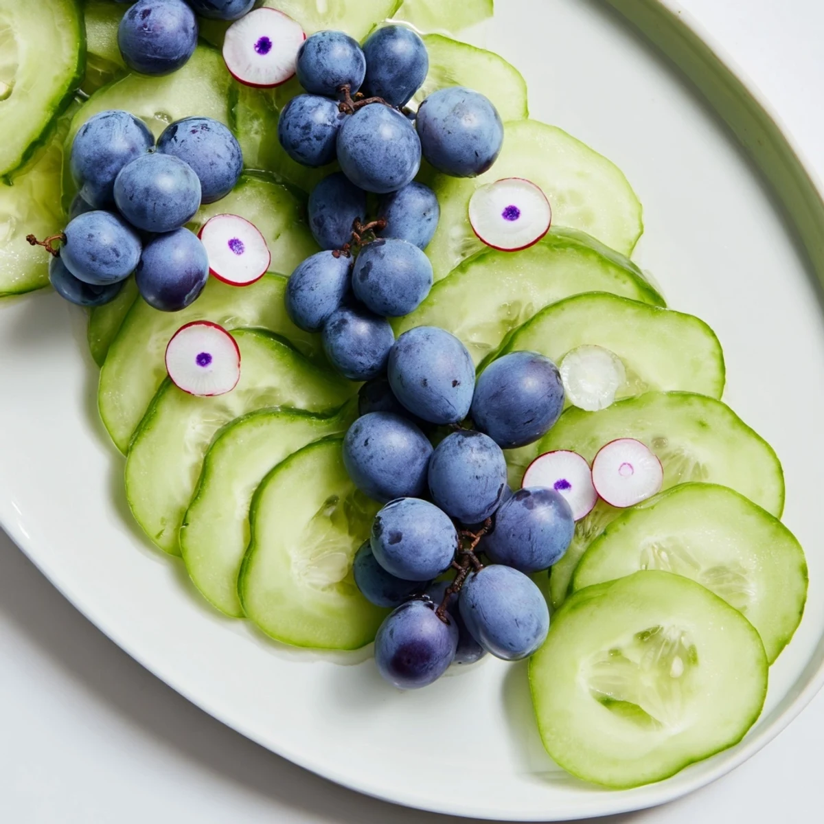 Easy Peacock Tail recipe: Fresh cucumber slices and juicy grapes arranged artfully for presentation.