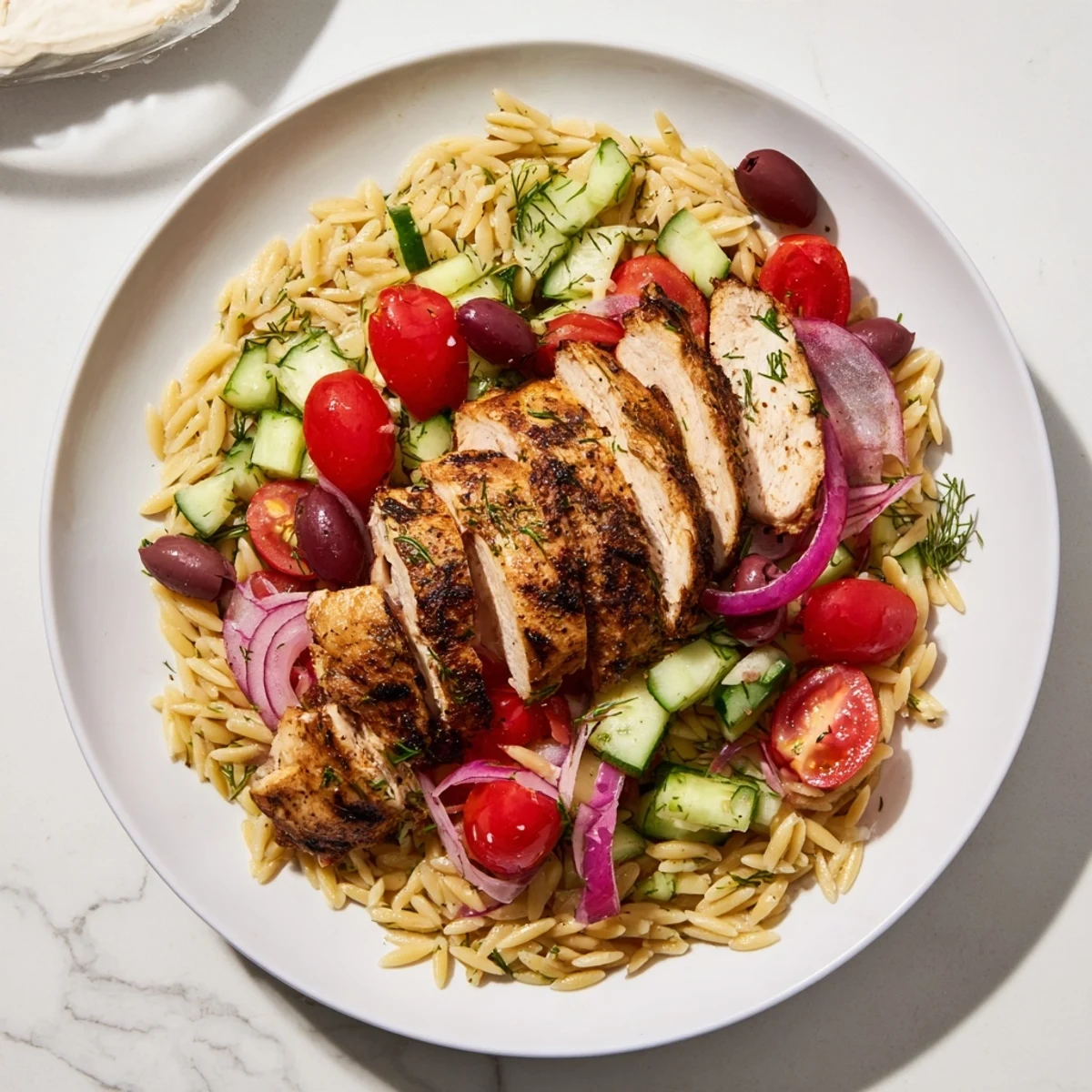 A vibrant Greek Chicken Gyro Pasta Bowl, featuring tender chicken, fresh herbs, and creamy feta drizzle.