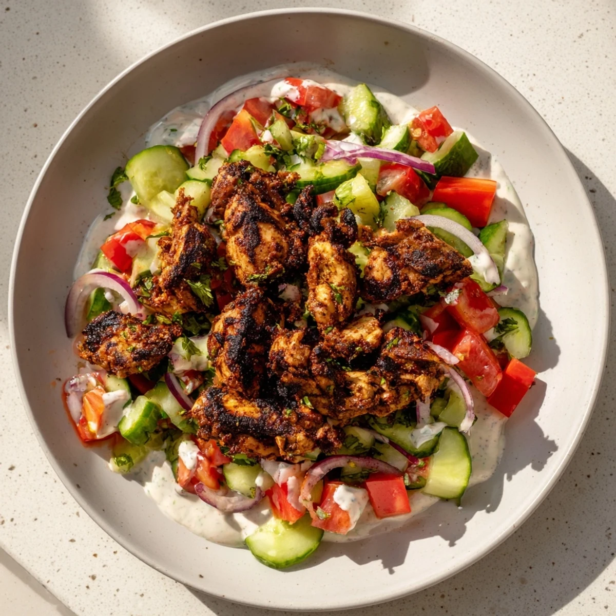 Sliced chicken shawarma salad glistening with tahini dressing, a beautiful Middle Eastern meal.