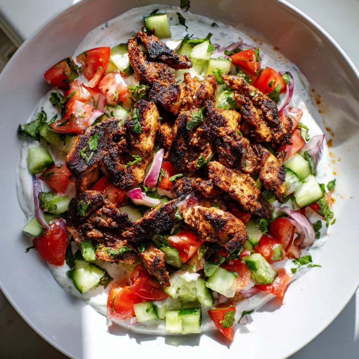 Fresh, vibrant chicken shawarma salad featuring diced tomatoes, cucumbers, and creamy tahini sauce.