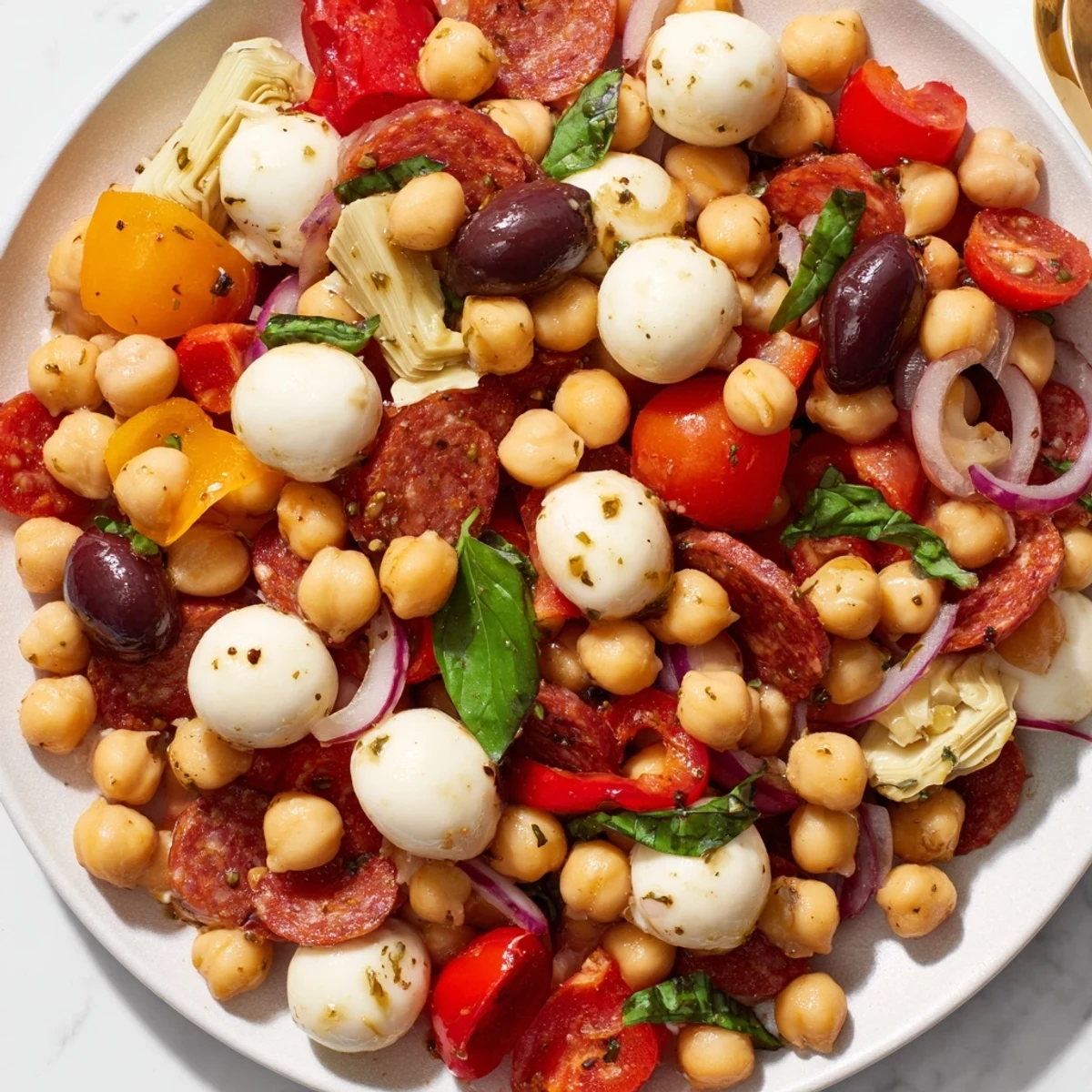 Vibrant Antipasto Chickpea Salad overflowing with colorful vegetables and creamy mozzarella, ready to be enjoyed.