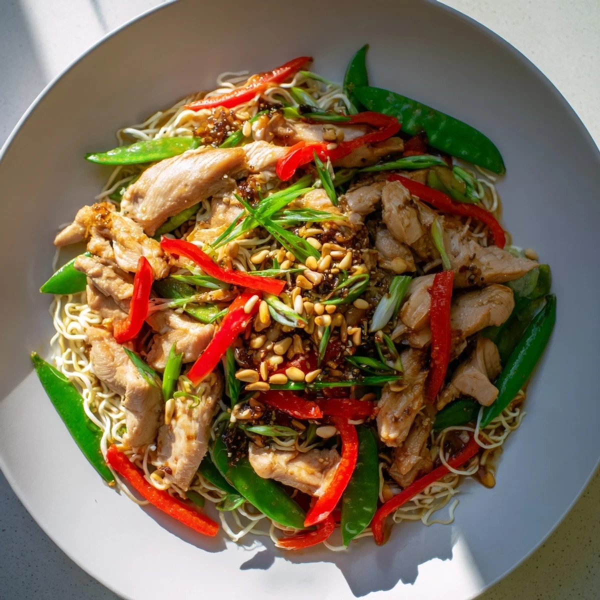 A steaming bowl of Mongolian Chicken with its savory sauce ladled over delicate rice noodles.