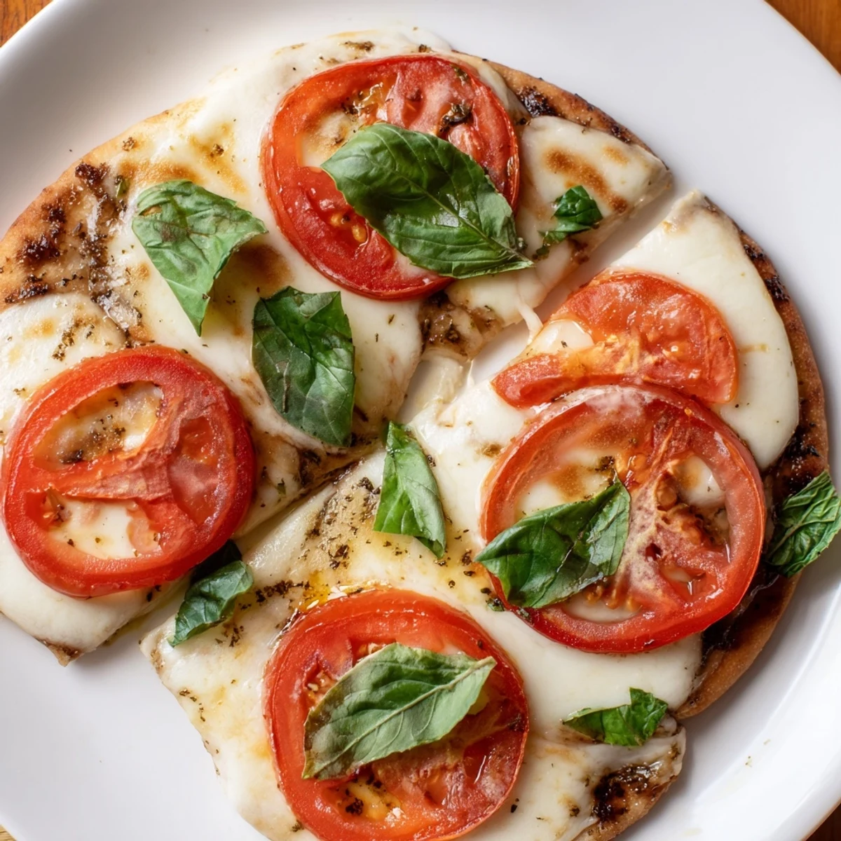 Enjoy a slice of homemade Quick Margherita Naan Pizza; crispy flatbread topped with fresh flavors.