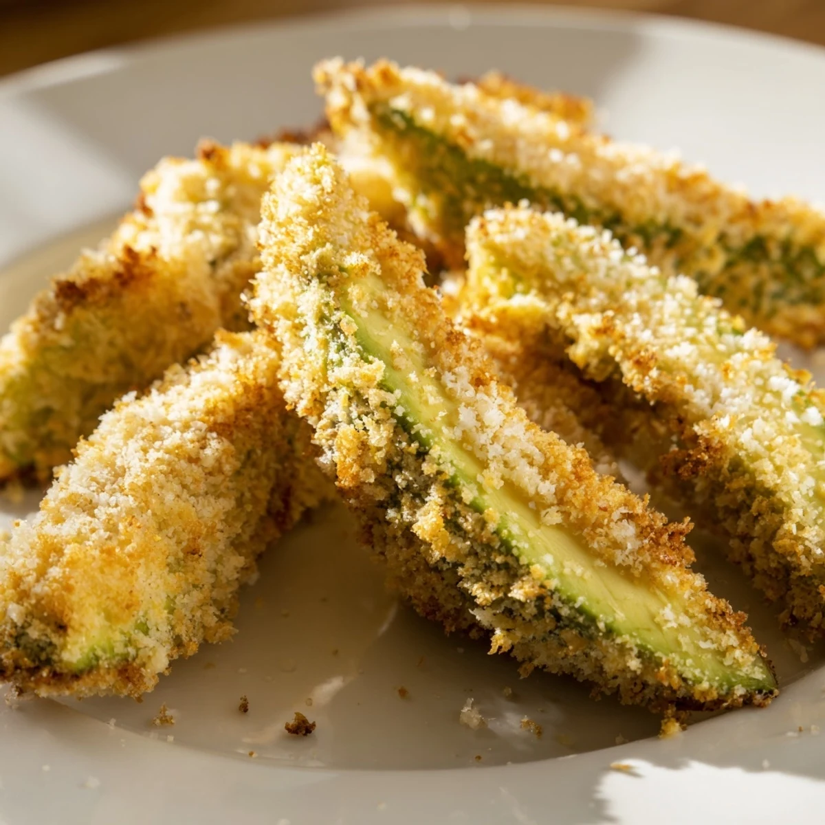 Golden-brown crispy baked avocado fries ready to dip, a delightful vegetarian appetizer.