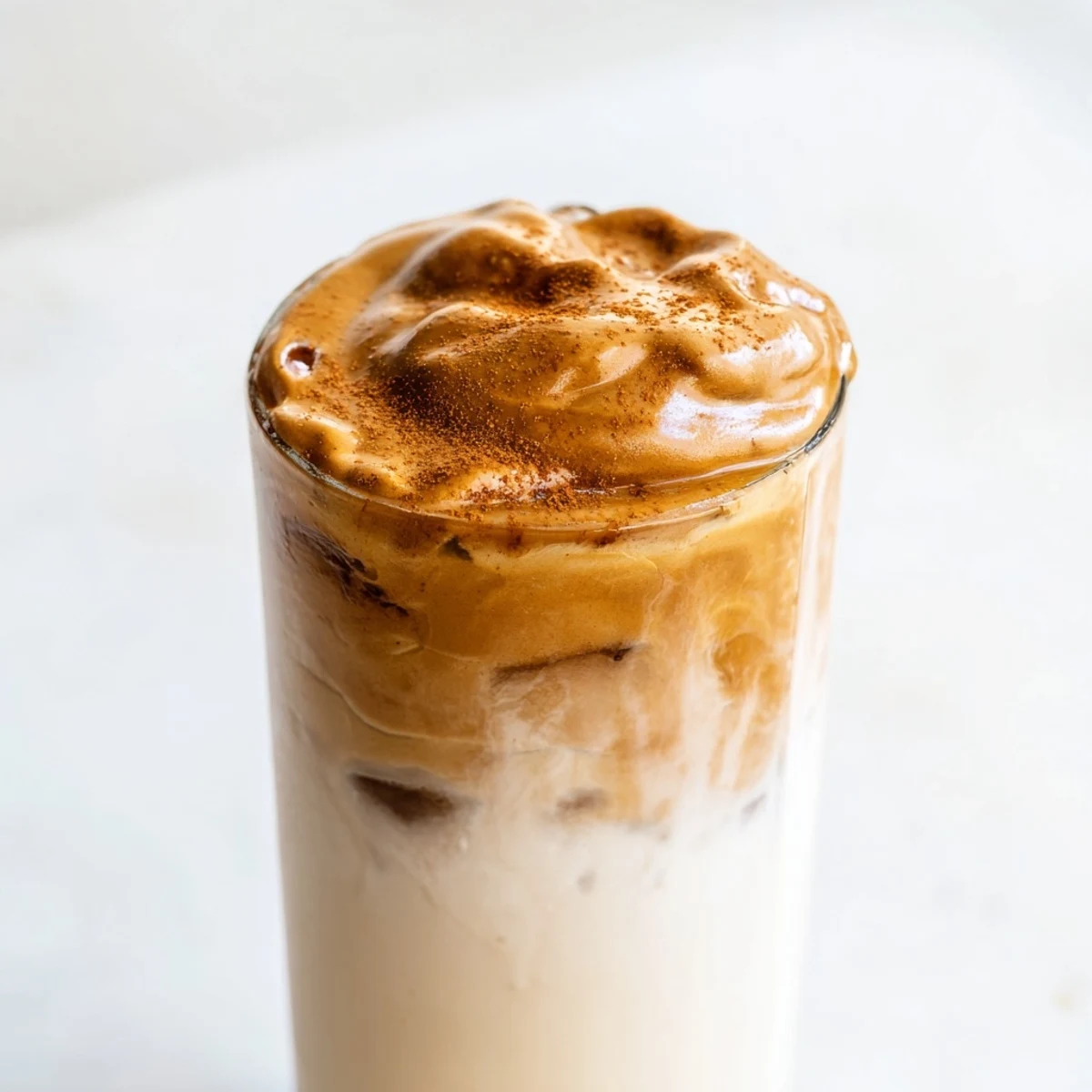 Fluffy, whipped Brown Sugar Dalgona Latte sits atop creamy milk, promising a sweet coffee escape.