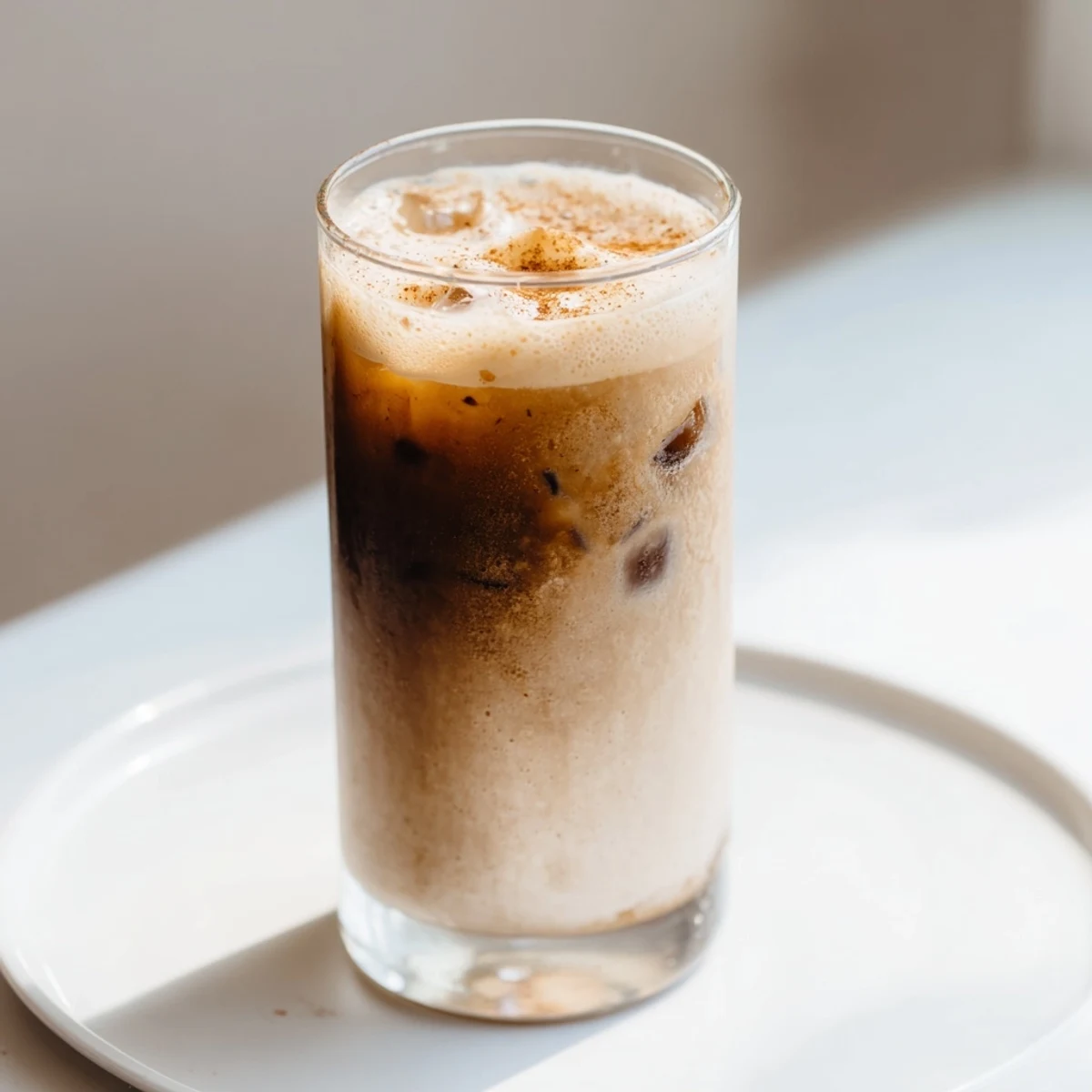 Frothy Iced Brown Sugar Oat Latte swirled in a glass, a delightful vegan coffee treat.