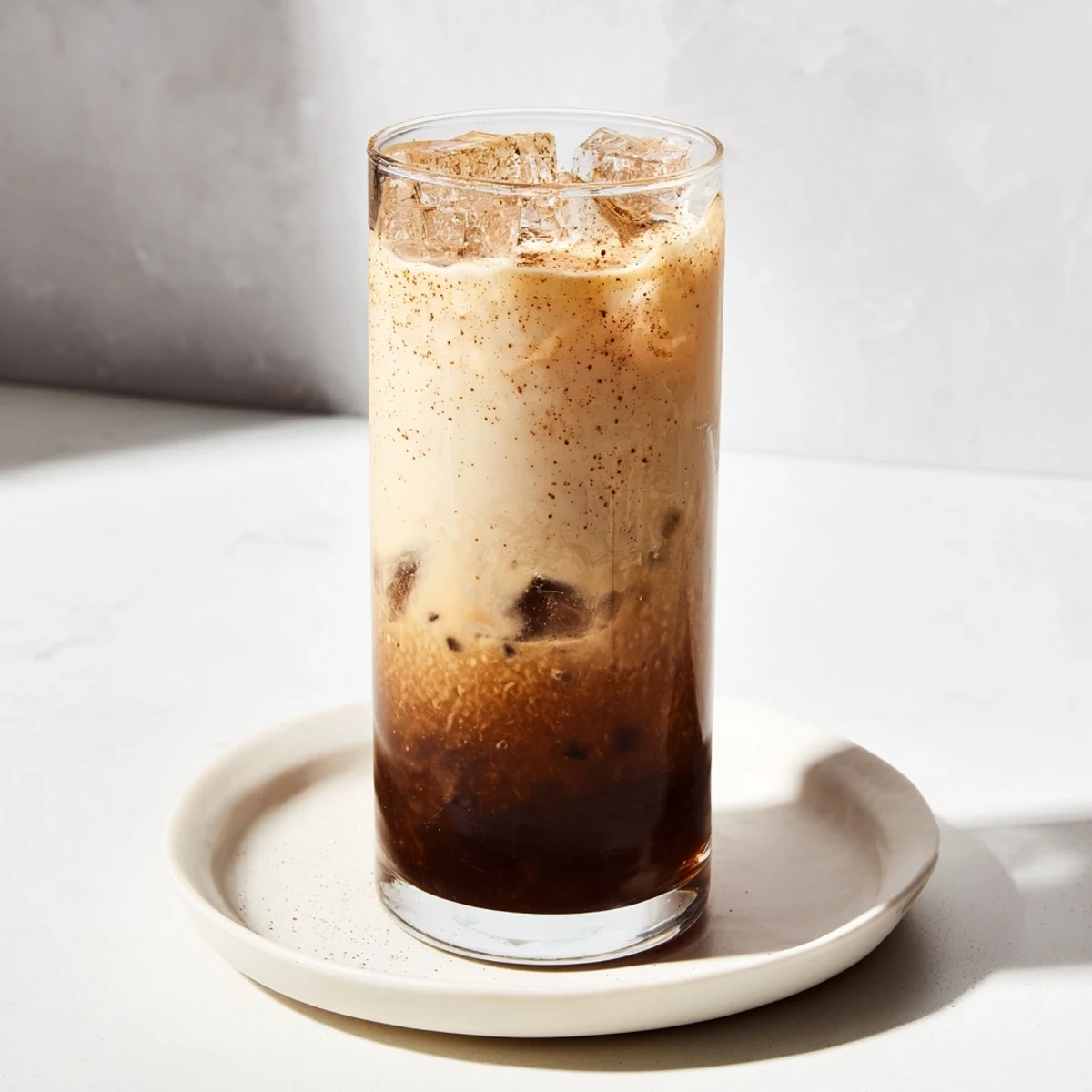 Cold and creamy Iced Brown Sugar Oat Latte with ice, a sweet and refreshing caffeinated beverage.