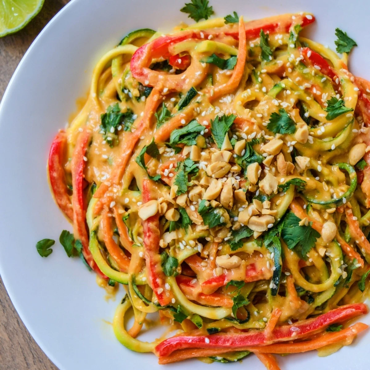 Vibrant photo of Zesty Peanut Zucchini Noodles, showcasing colorful vegetables in creamy peanut sauce.
