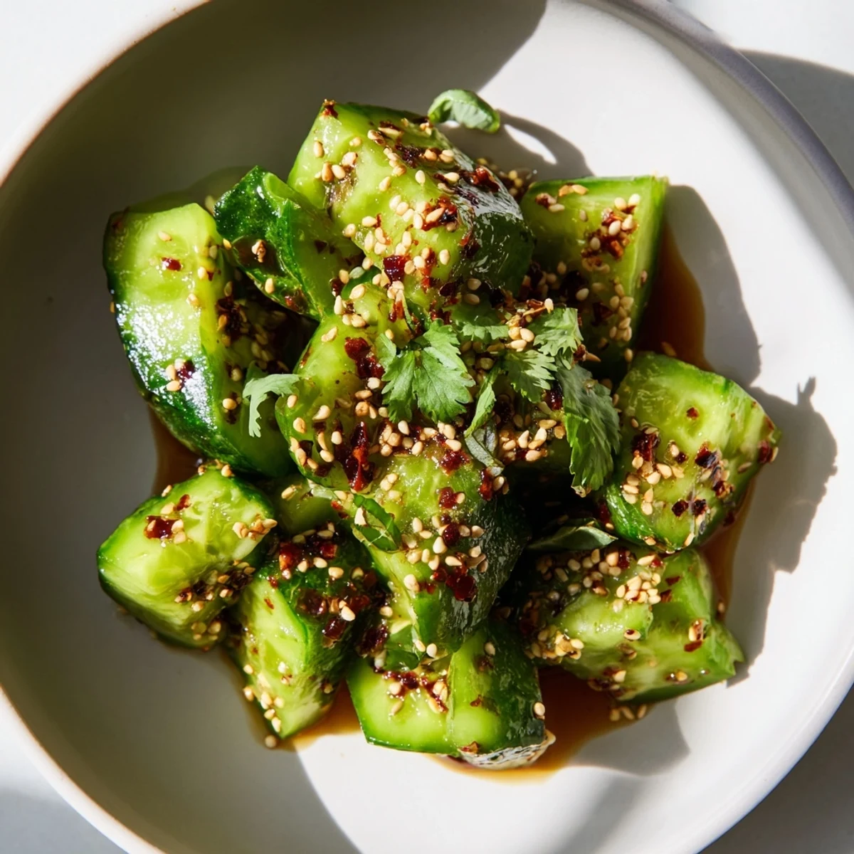 A vibrant close-up photo of the Chinese Spicy Smashed Cucumber Salad, ready to eat.