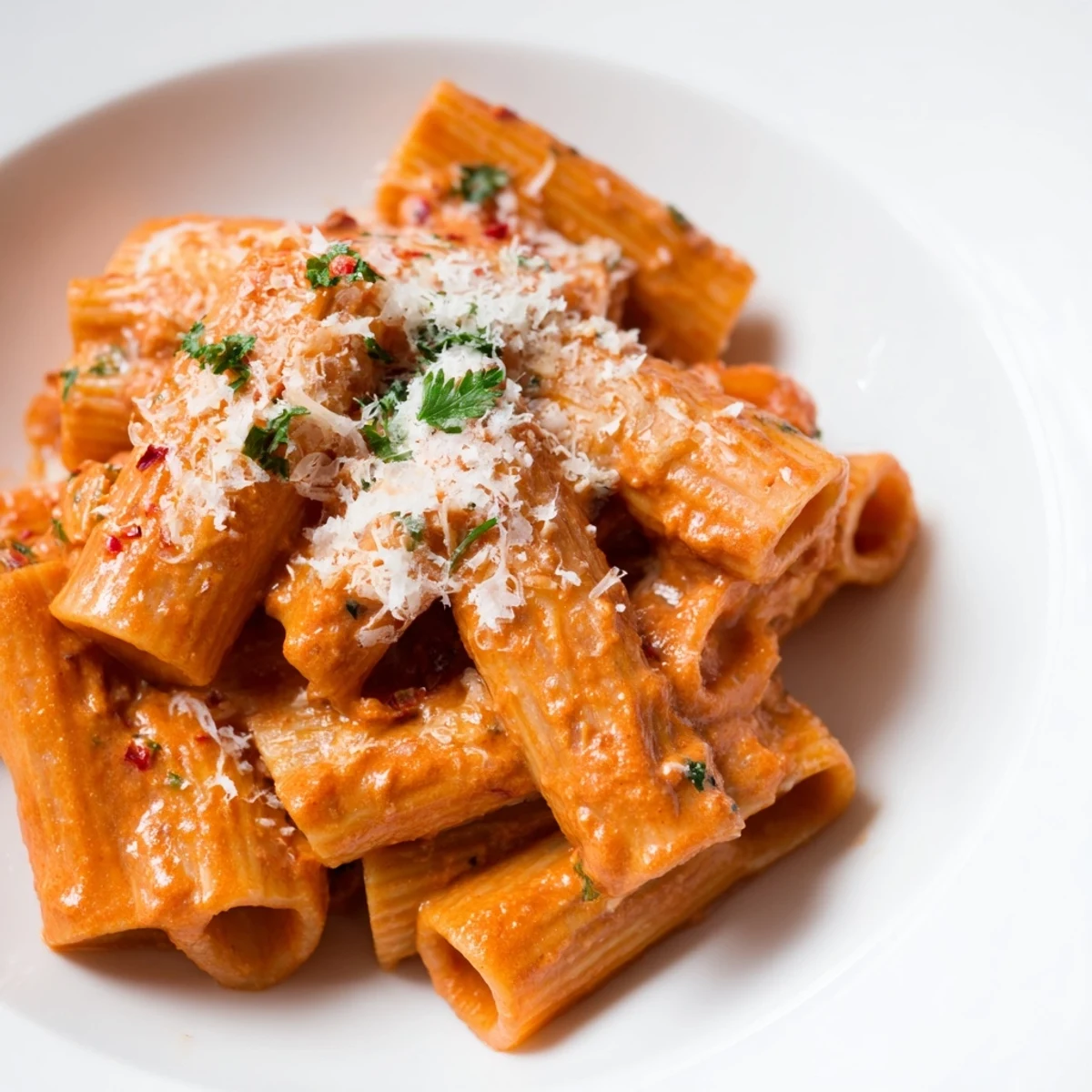 A flavorful bowl of Gigi Hadid-Style Spicy Rigatoni, ready to serve with Parmesan and parsley.