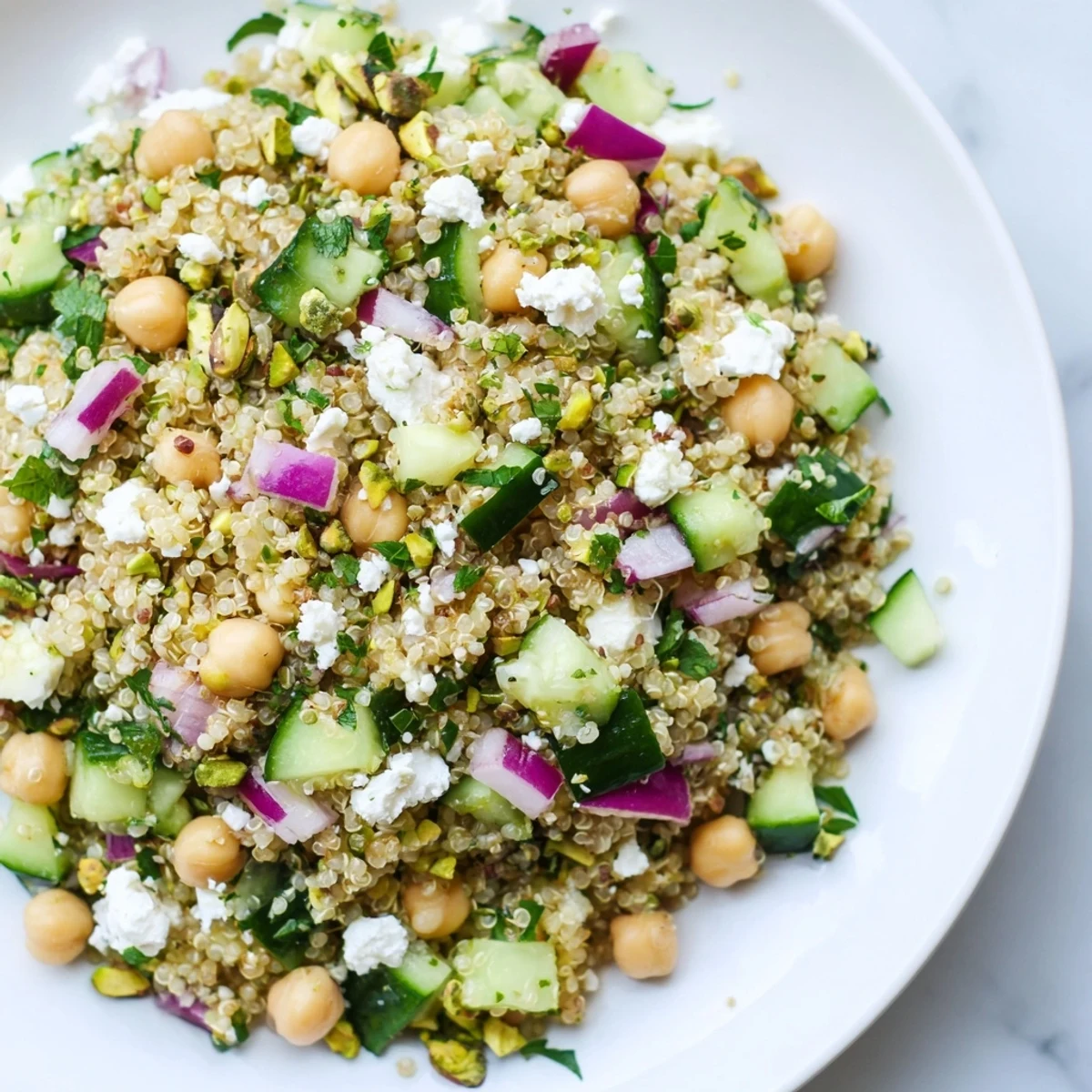 Mediterranean-style Jennifer Aniston Salad, a visually appealing vegetarian dish with quinoa and creamy feta.
