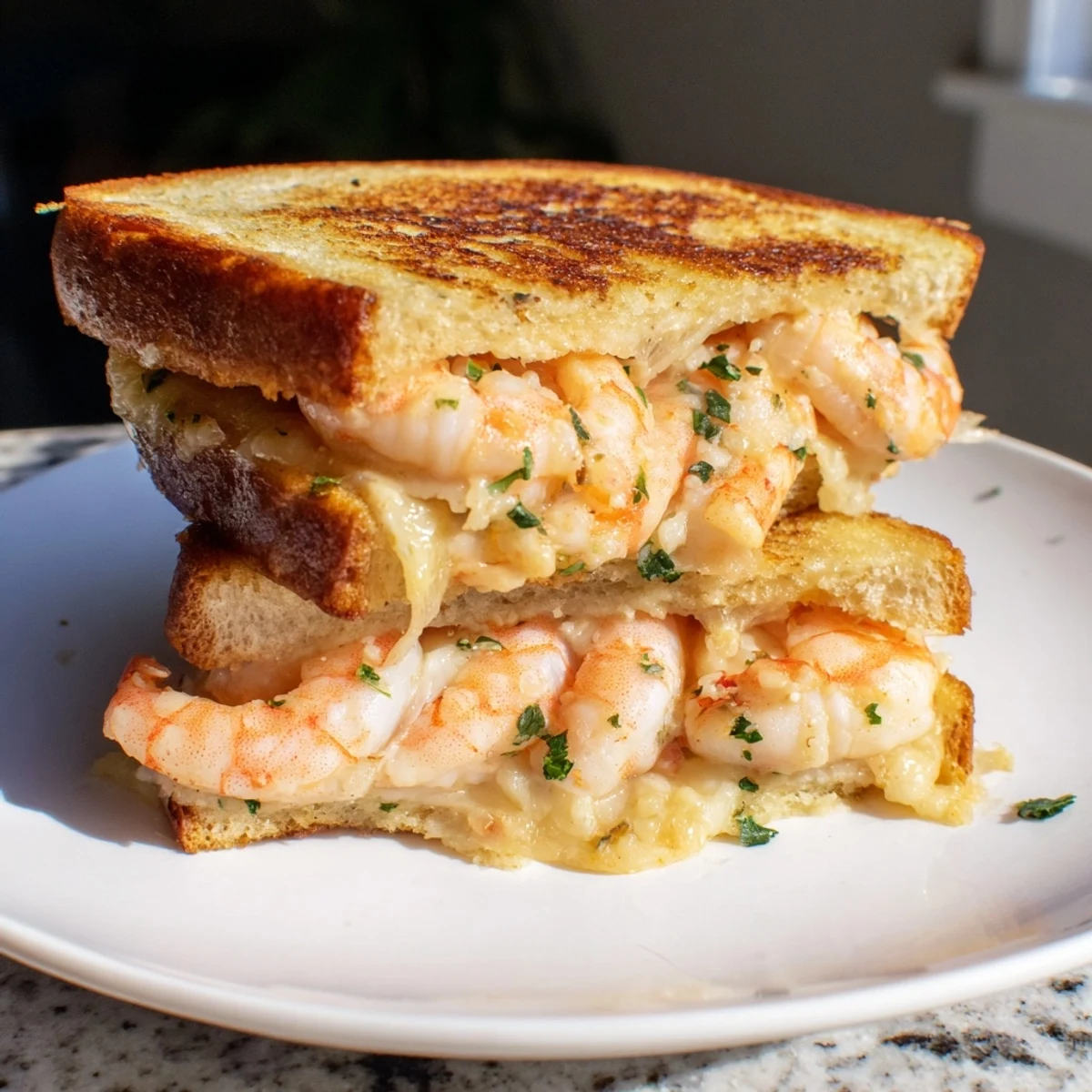 Quick Shrimp Grilled Cheese, golden crust with melted cheese and juicy shrimp visible.