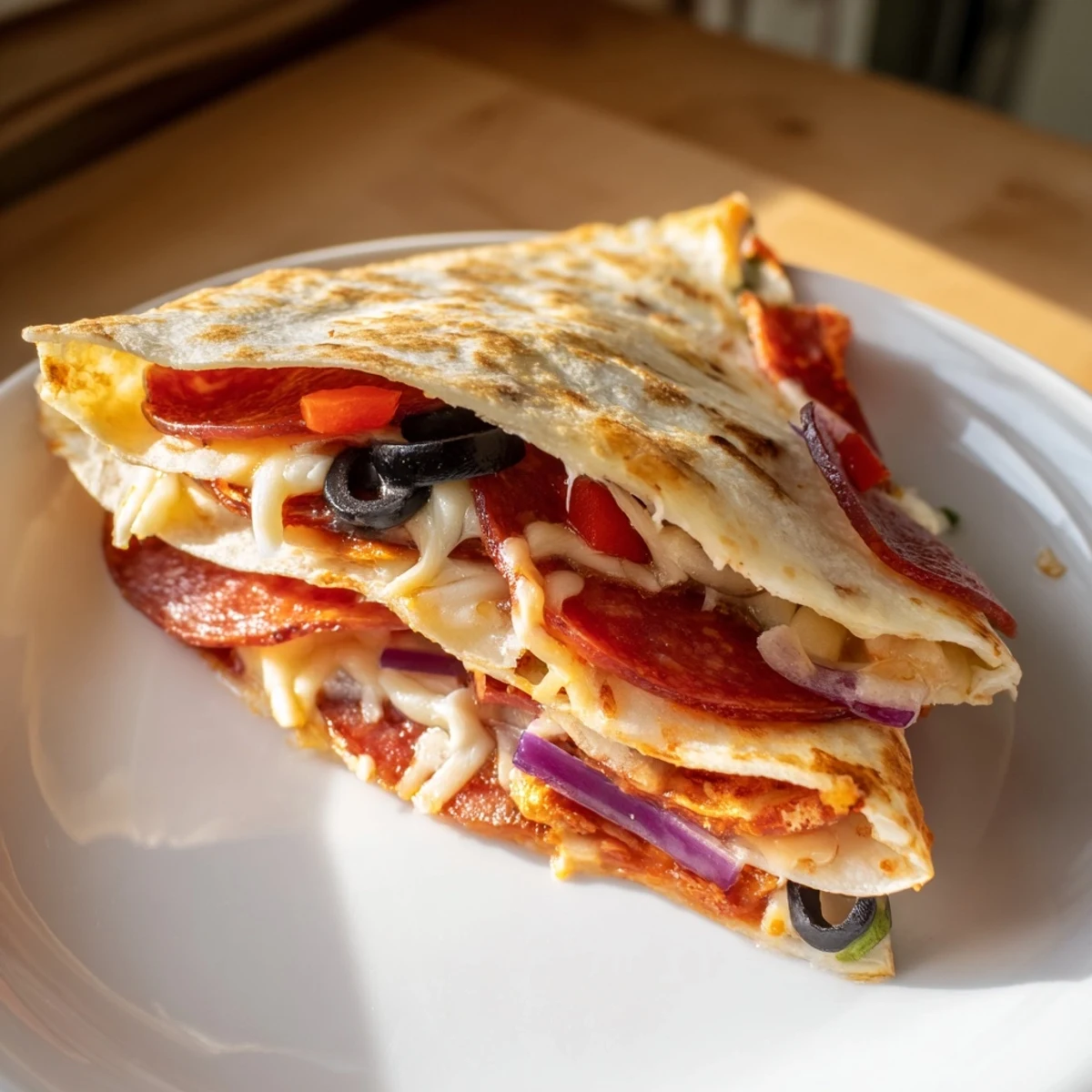 Warm tortilla pizza wrap, a handheld treat featuring melted cheese and fresh basil.