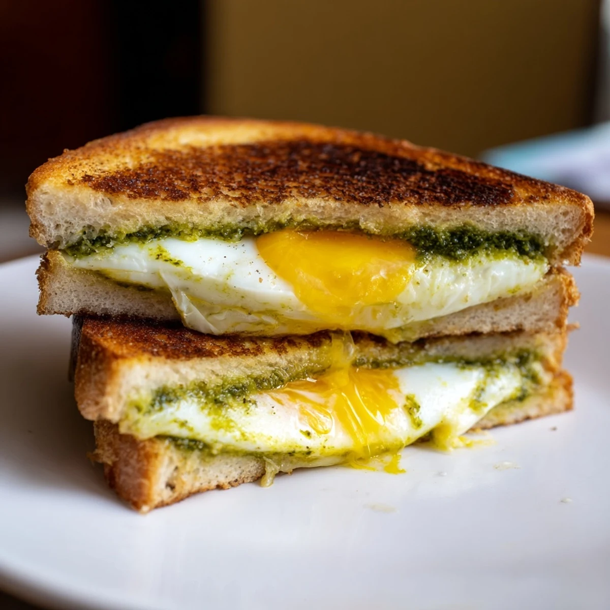 Golden, cheesy Pesto Egg Grilled Cheese with a perfectly fried egg, ready to be devoured.