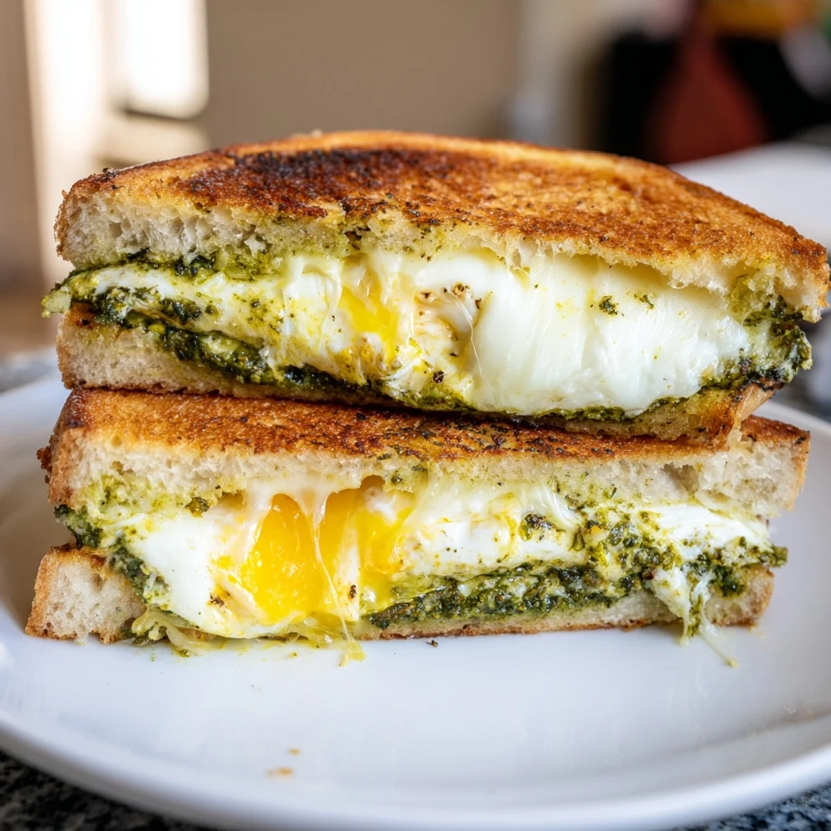 A close-up of a melty Pesto Egg Grilled Cheese, oozing cheese, and flavorful pesto filling.