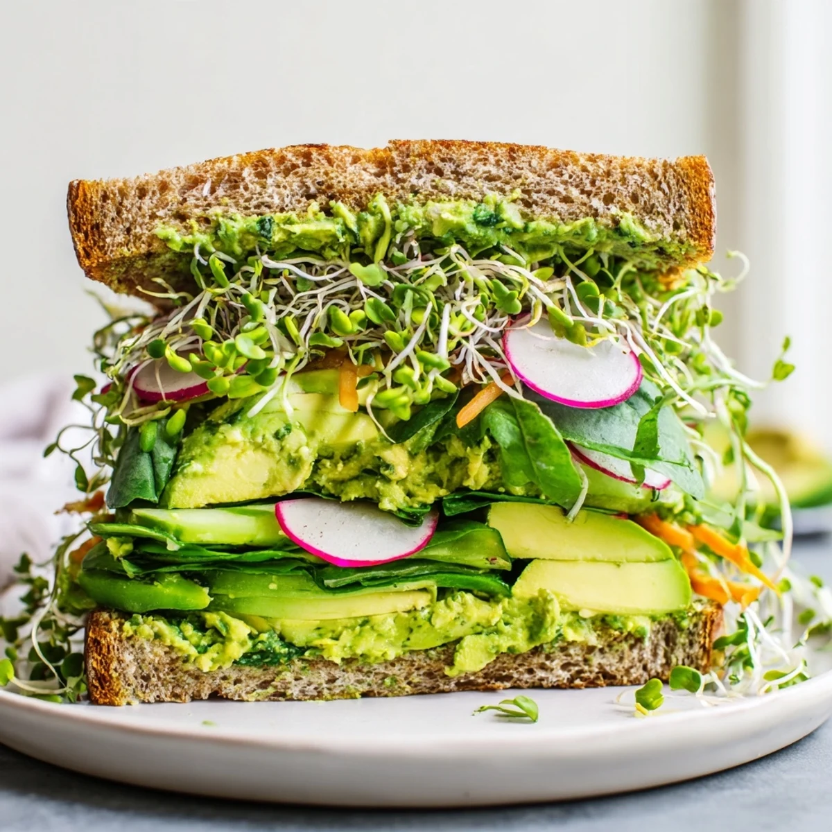 Vibrant Green Goddess Sandwich, featuring creamy spread and fresh veggies on toasted multigrain bread.