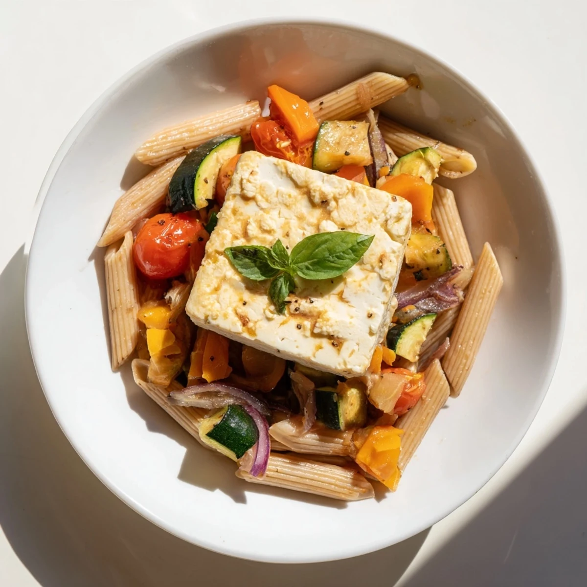 Creamy Baked Feta Pasta 2.0 with roasted vegetables, perfect for a cozy, flavorful vegetarian dinner.