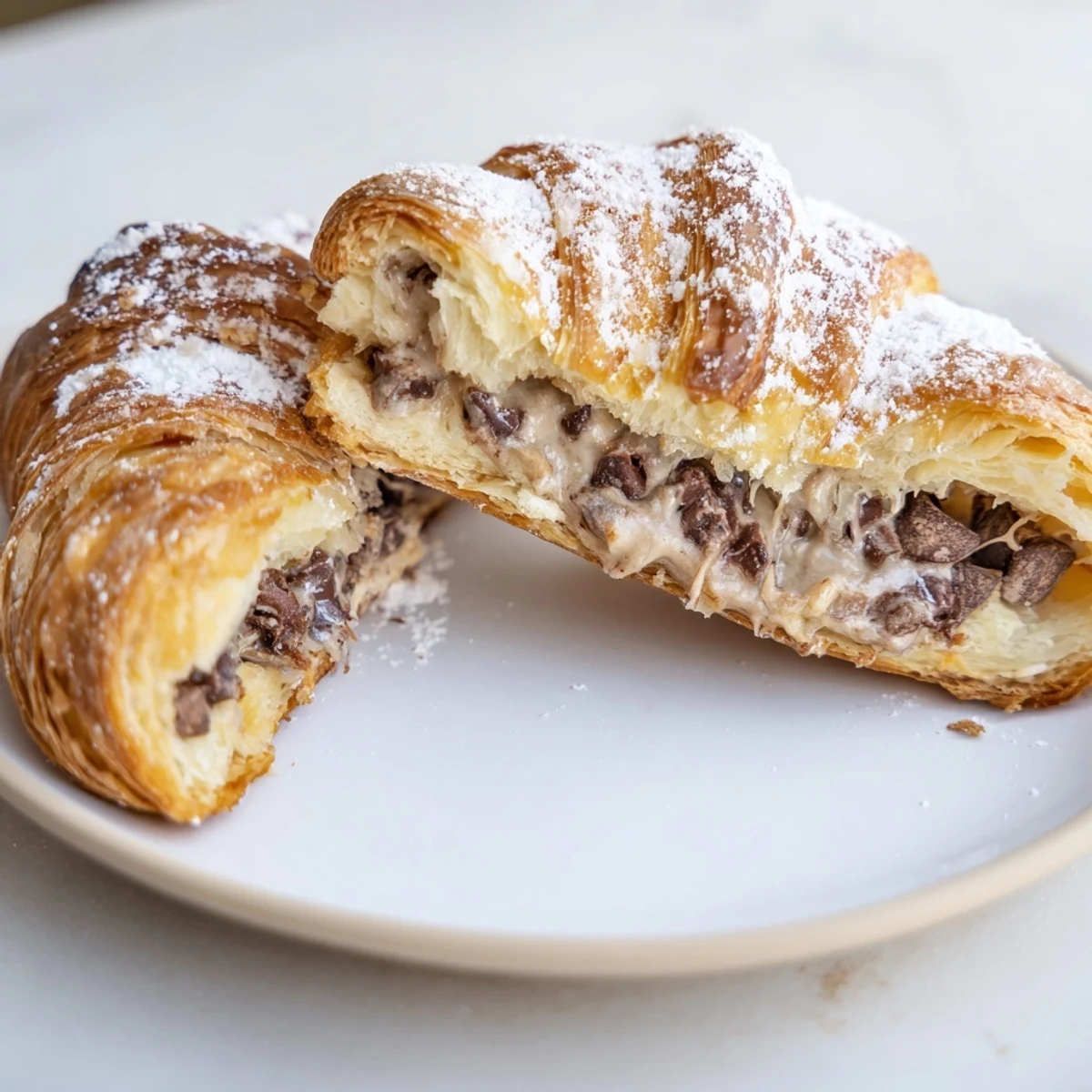 Gooey chocolate cookie dough spilling from a crisp, buttery Cookie Croissant, ready to taste.