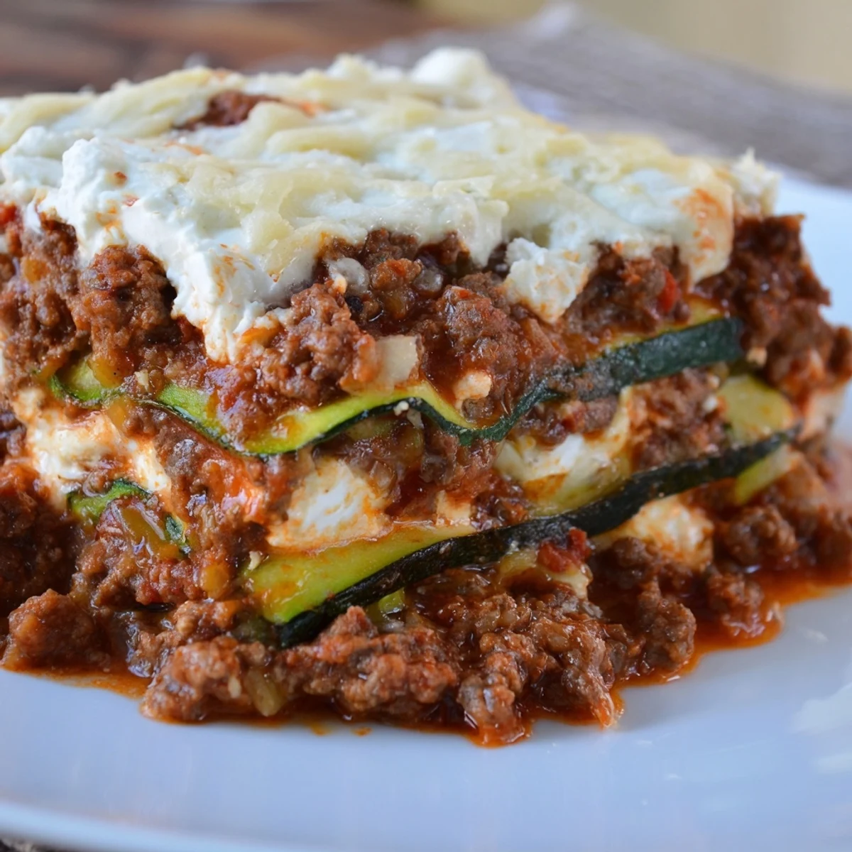 A bubbling skillet of Zucchini Lasagna, ready to eat, with melted mozzarella and tender zucchini.