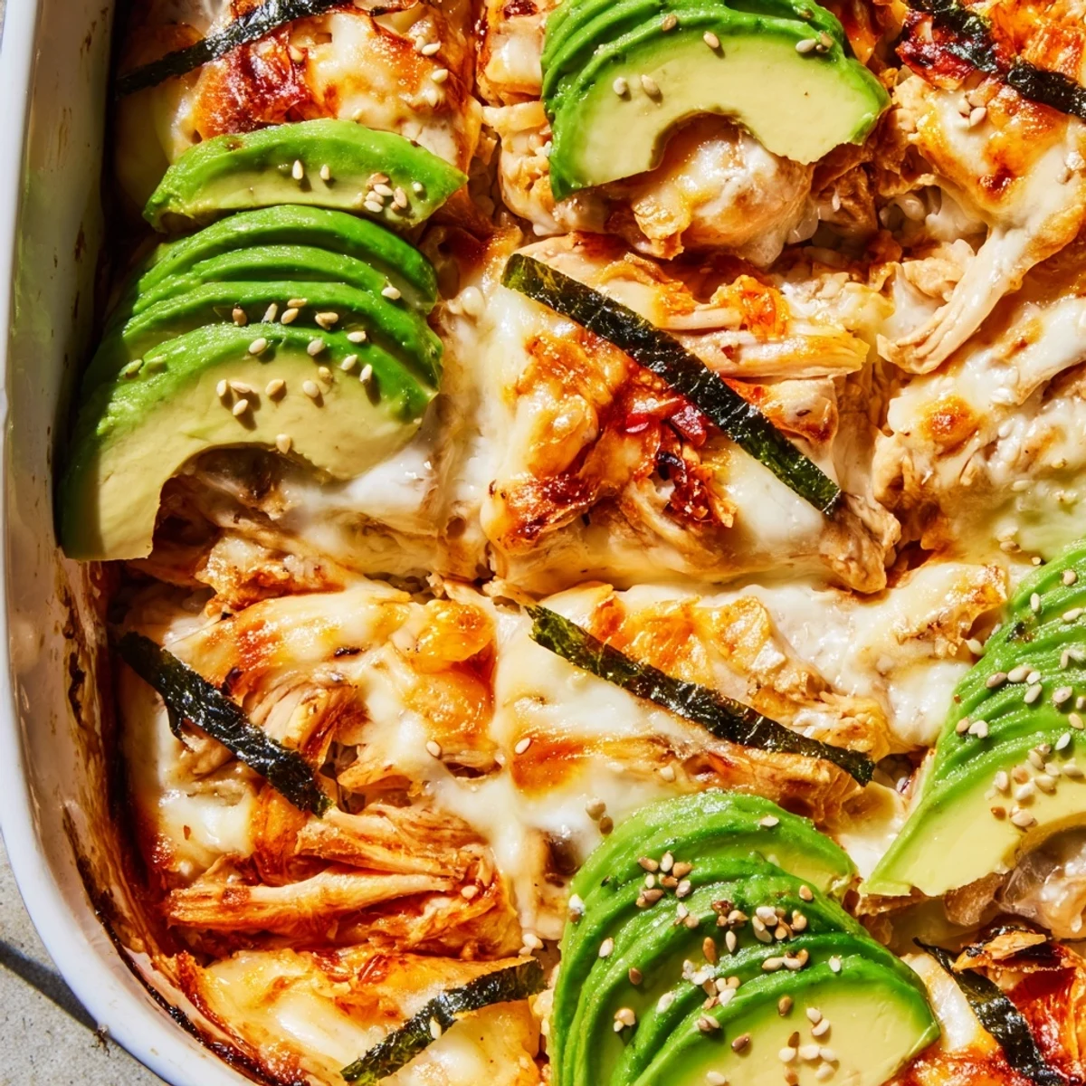 Golden-brown Chicken Sushi Bake, a comforting casserole with creamy chicken and seasoned rice.