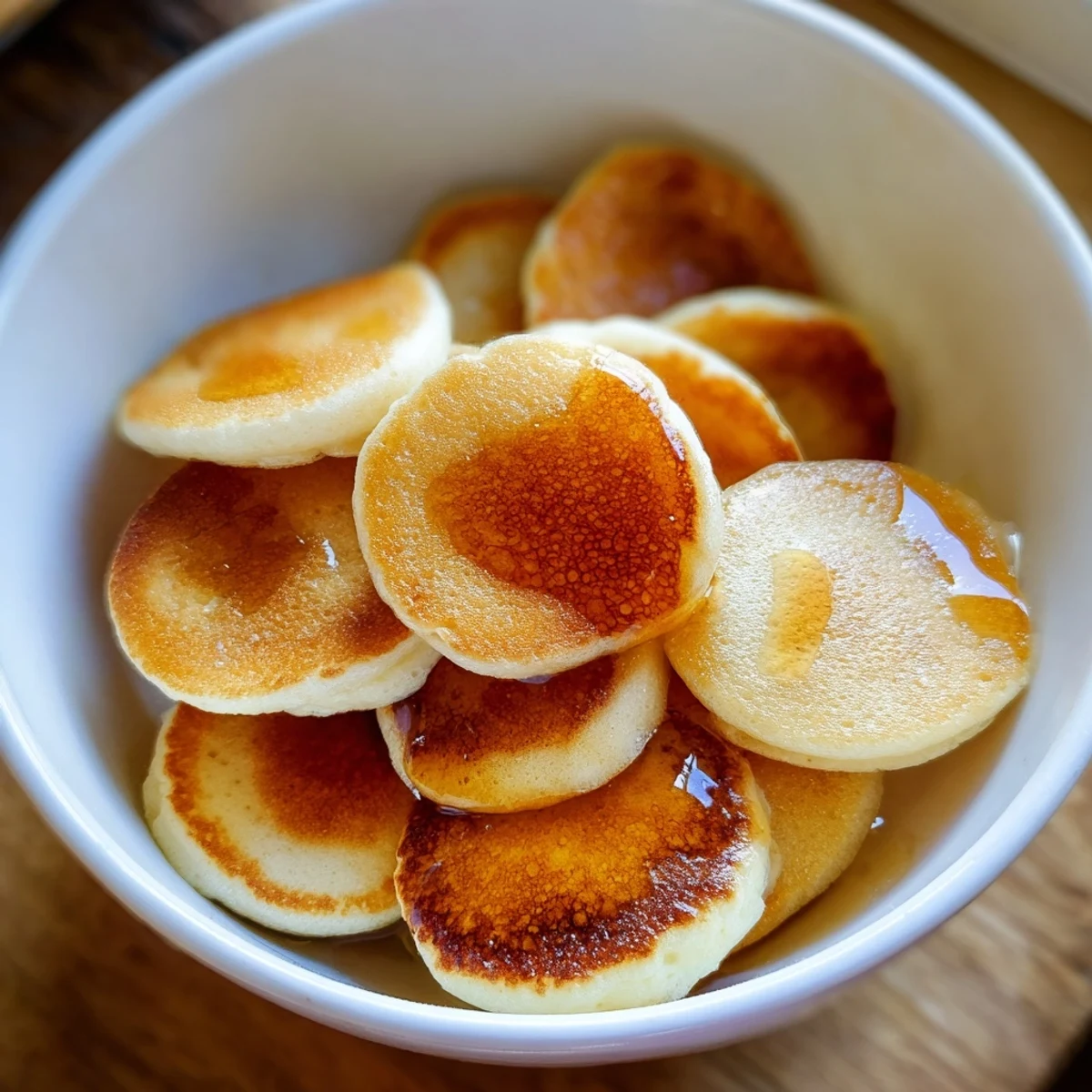 Golden, bite-sized Fluffy Pancake Cereal swimming in milk, a delightful breakfast treat.