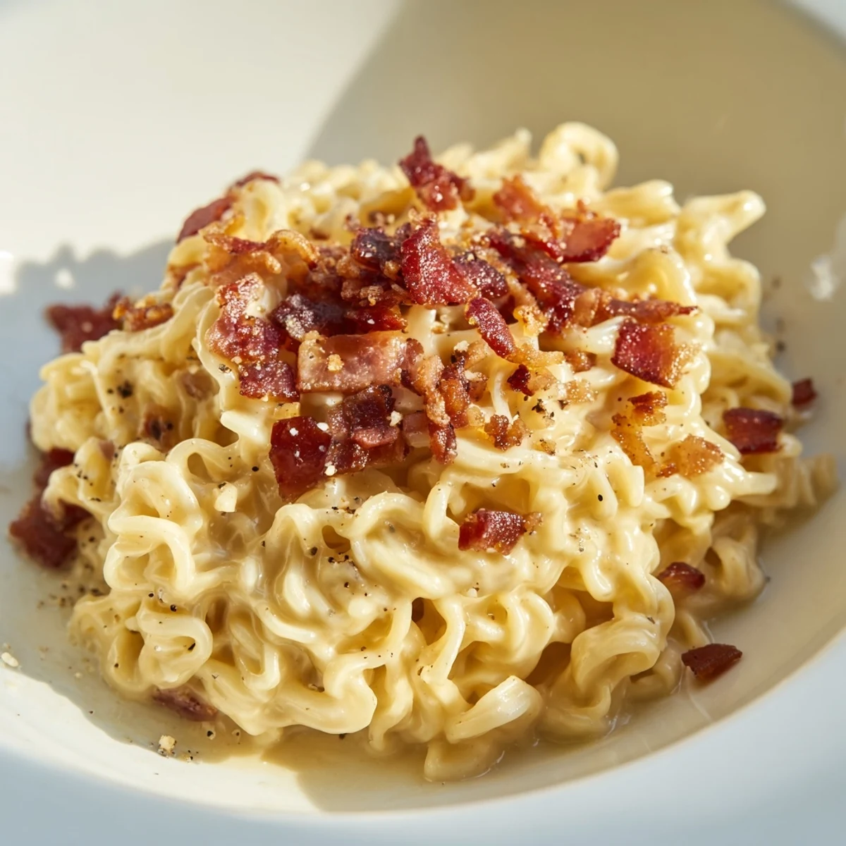 A close-up of quick Ramen Carbonara Hack: Italian carbonara meets Asian ramen flavors.