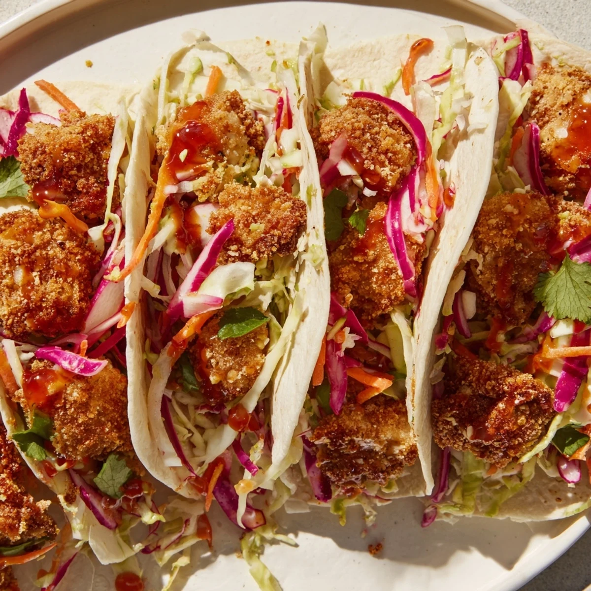 Close-up of freshly made hot honey chicken tacos with a vibrant, flavorful slaw topping.