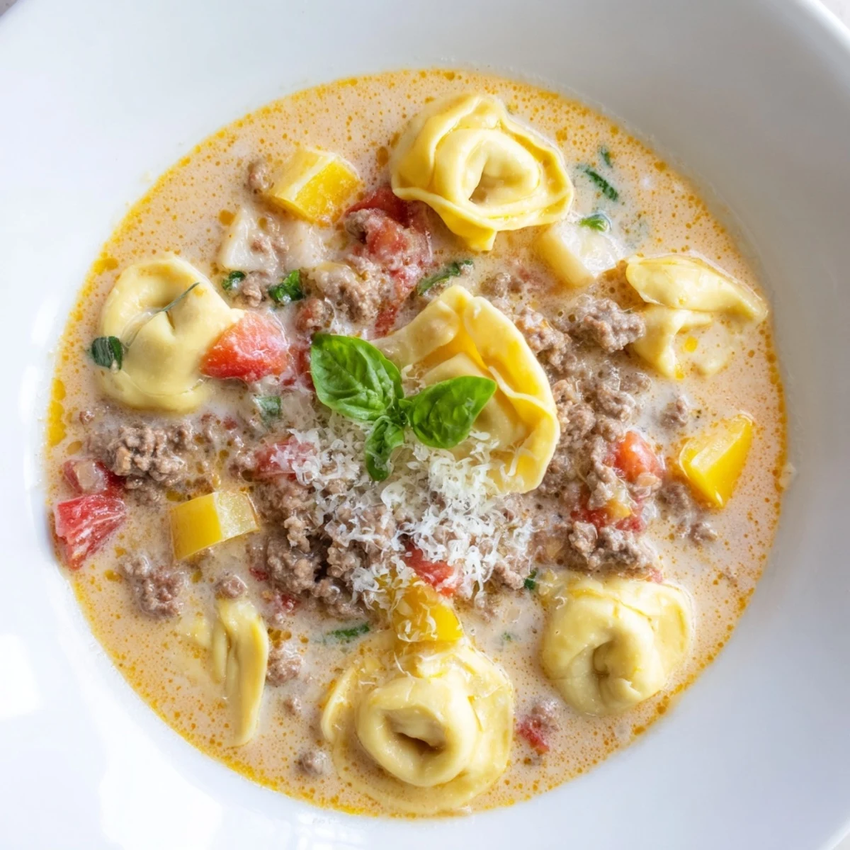 Steaming bowl of Tortellini Beef Soup, brimming with tender tortellini and flavorful broth.