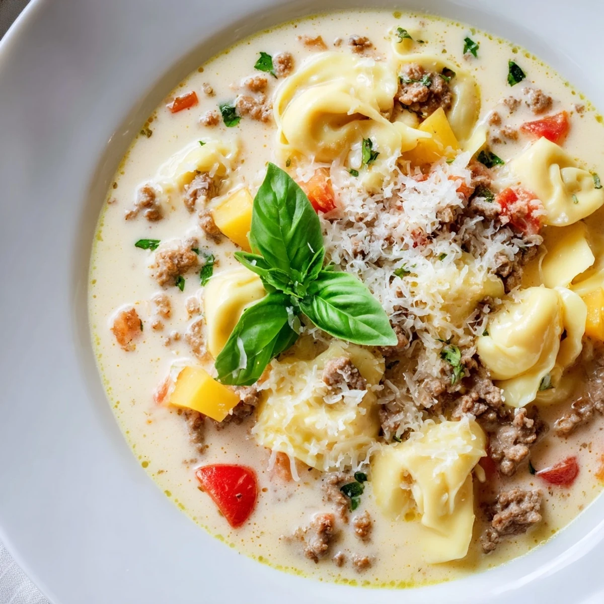 Warm, creamy Tortellini Beef Soup topped with Parmesan; imagine the delicious aroma!