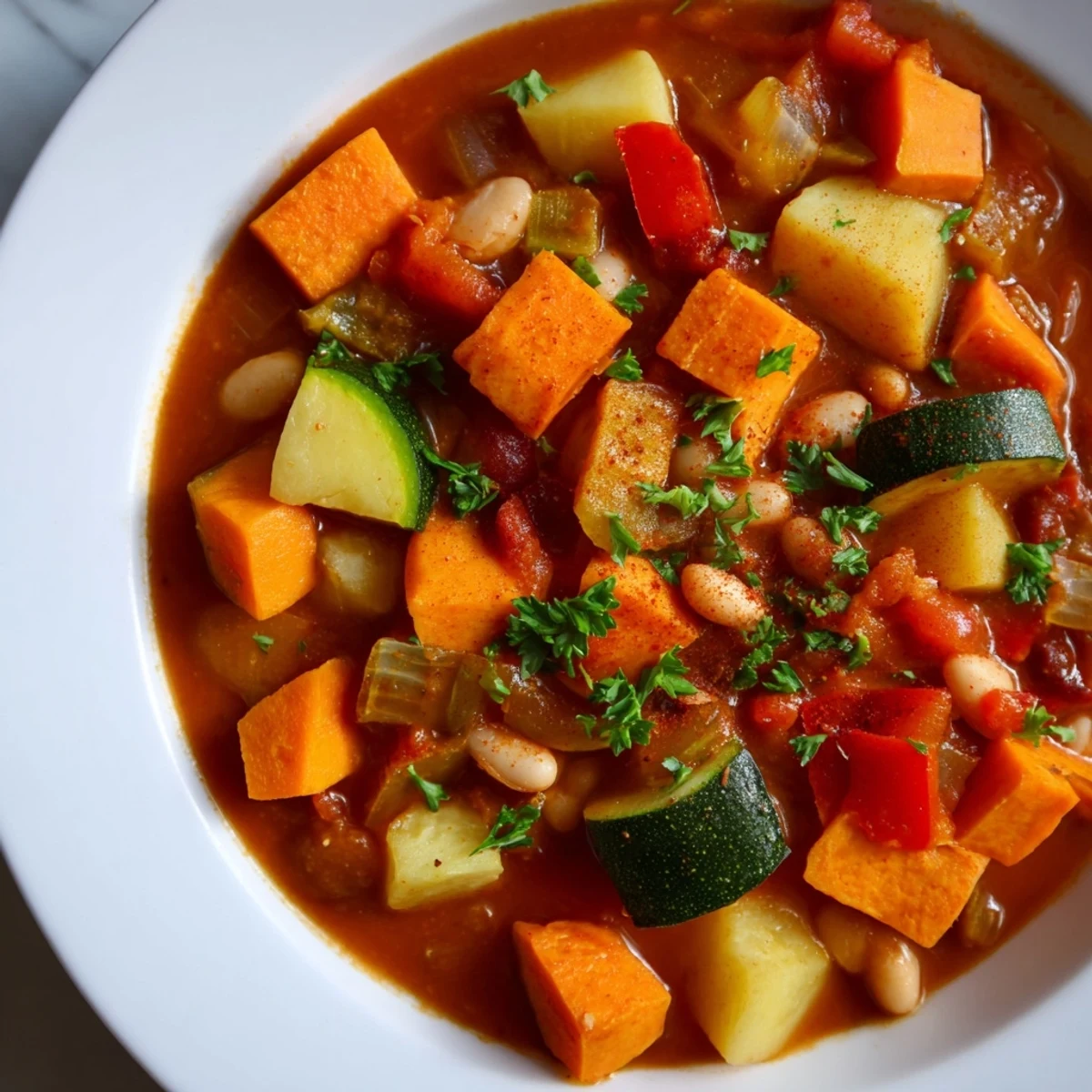 A vibrant close-up of Hearty Vegan Sweet Potato Stew, ideal for cozy, plant-based dinner plans.