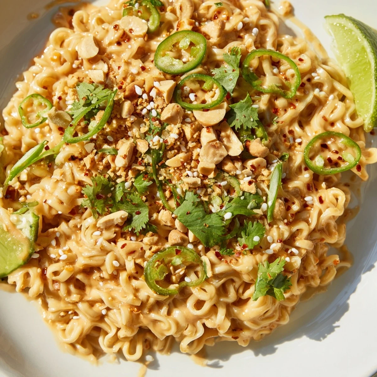 Steaming instant peanut Thai sauce noodles in a bowl, garnished with chopped peanuts and fresh cilantro.