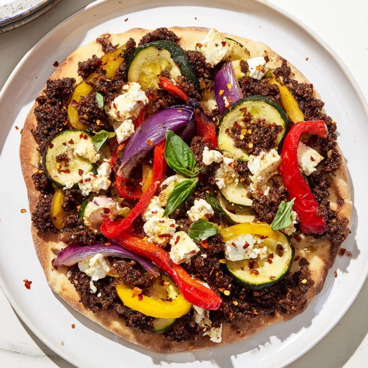 Naan bread pizza with vibrant roasted vegetables and creamy feta, ready to enjoy.