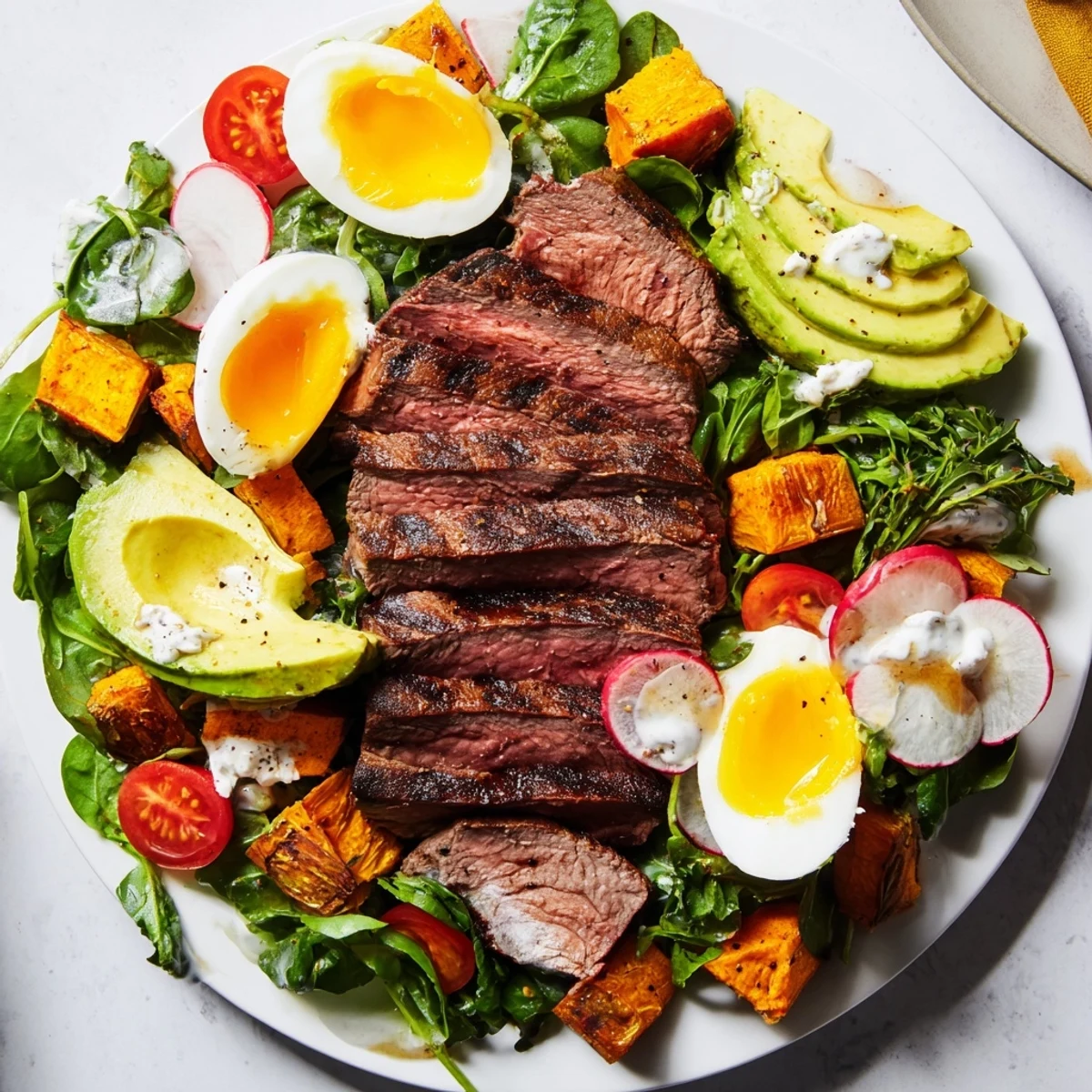 A delicious High-Protein Beef Avocado Bowl featuring juicy steak, creamy avocado, and roasted sweet potato.