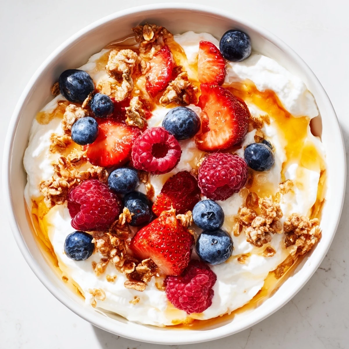 Delectable cottage cheese hot honey bowl, showcasing creamy cottage cheese, vibrant berries, and drizzled spicy honey.
