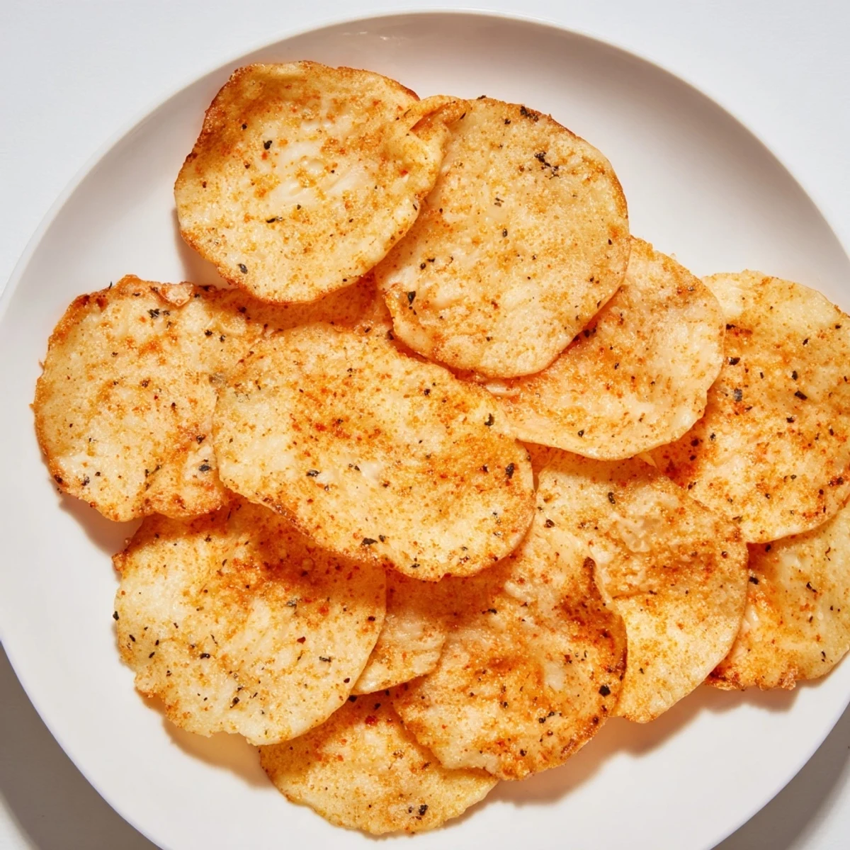 Golden, crispy Cottage Cheese Chips ready to eat: a protein-rich snack with savory spices.