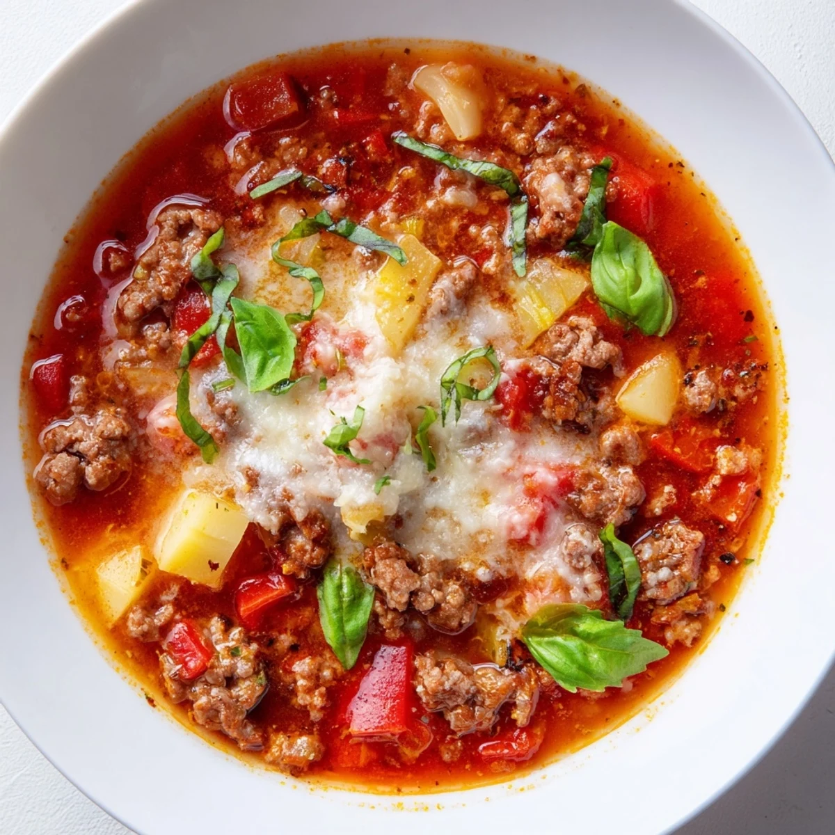 Warm, bubbling Pizza Soup with melted mozzarella, ready for a comforting Italian meal.