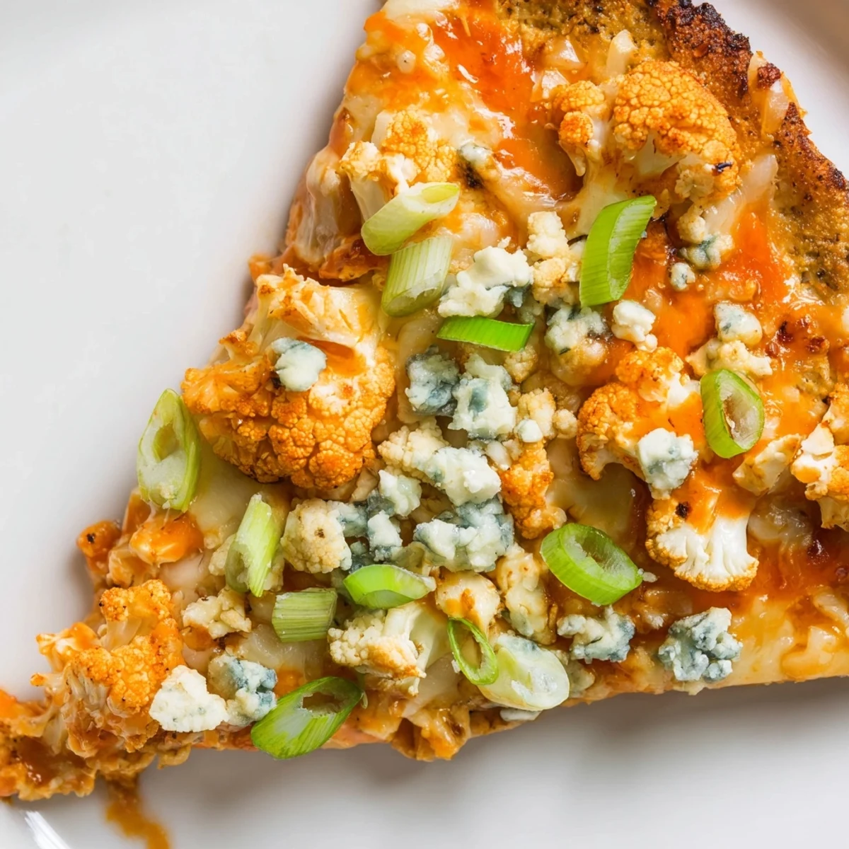 Freshly baked Buffalo Cauliflower Pizza with golden crust, melted mozzarella, and sliced green onions on a rustic wooden board.  