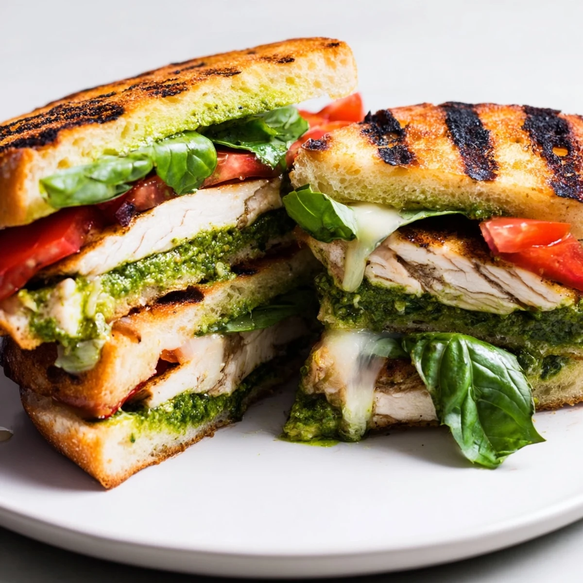 Gooey mozzarella and savory pesto top a warm, crunchy ciabatta sandwich stuffed with juicy grilled chicken.  