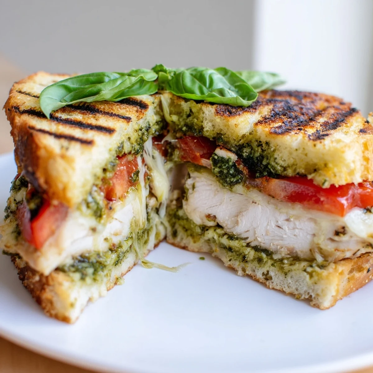 Grilled chicken cutlets with melted mozzarella and basil pesto layered in a toasted ciabatta roll.  