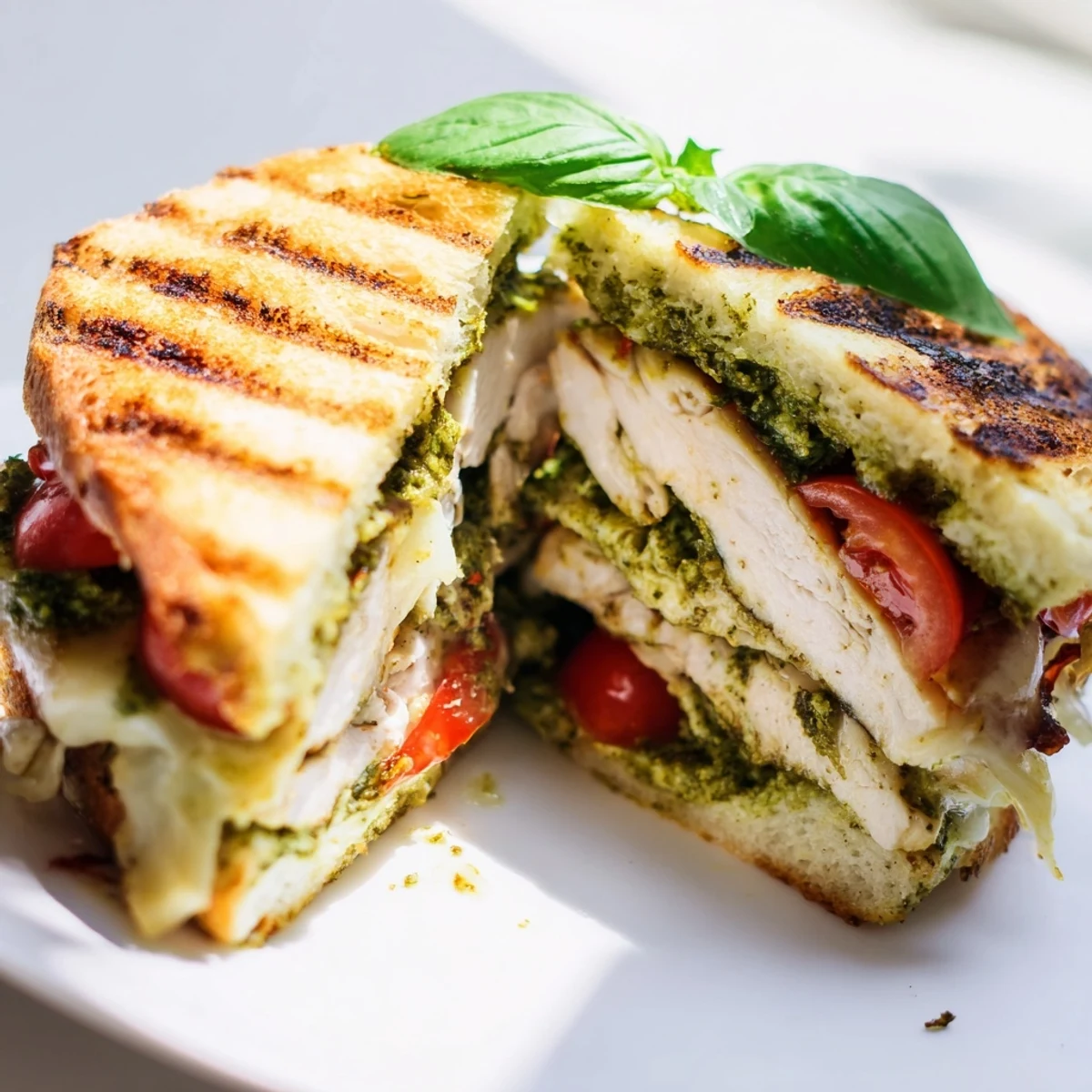 Golden ciabatta roll layered with tender grilled chicken, basil pesto, and melty mozzarella slices.