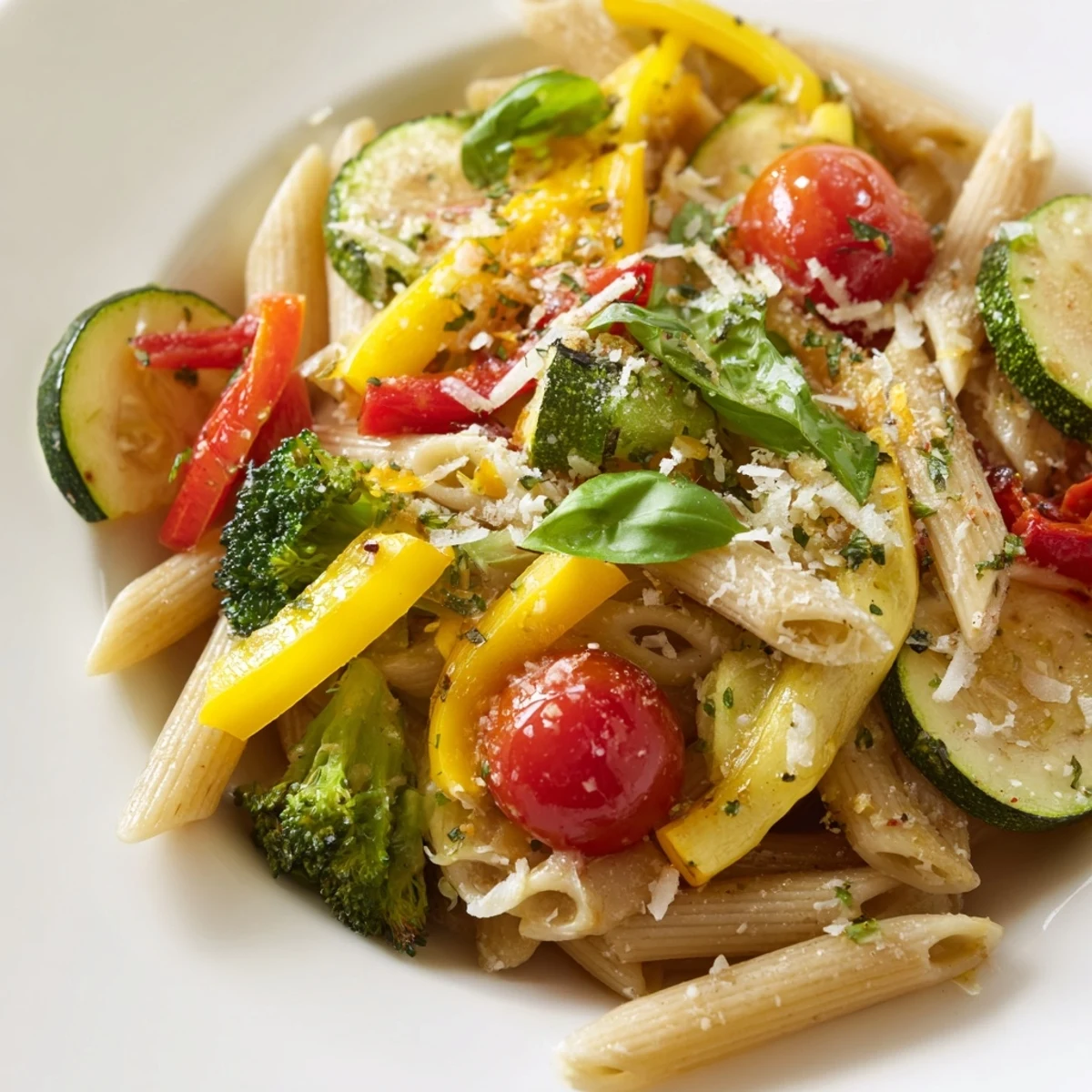A close-up of vibrant Pasta Primavera, featuring roasted zucchini, bell peppers, and cherry tomatoes tossed with penne, garnished with fresh basil and Parmesan.