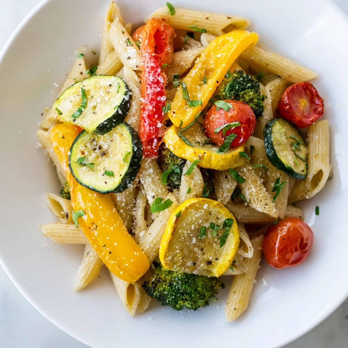 A large skillet of freshly made Pasta Primavera, with colorful roasted vegetables and pasta lightly coated in olive oil and garlic, ready to serve.