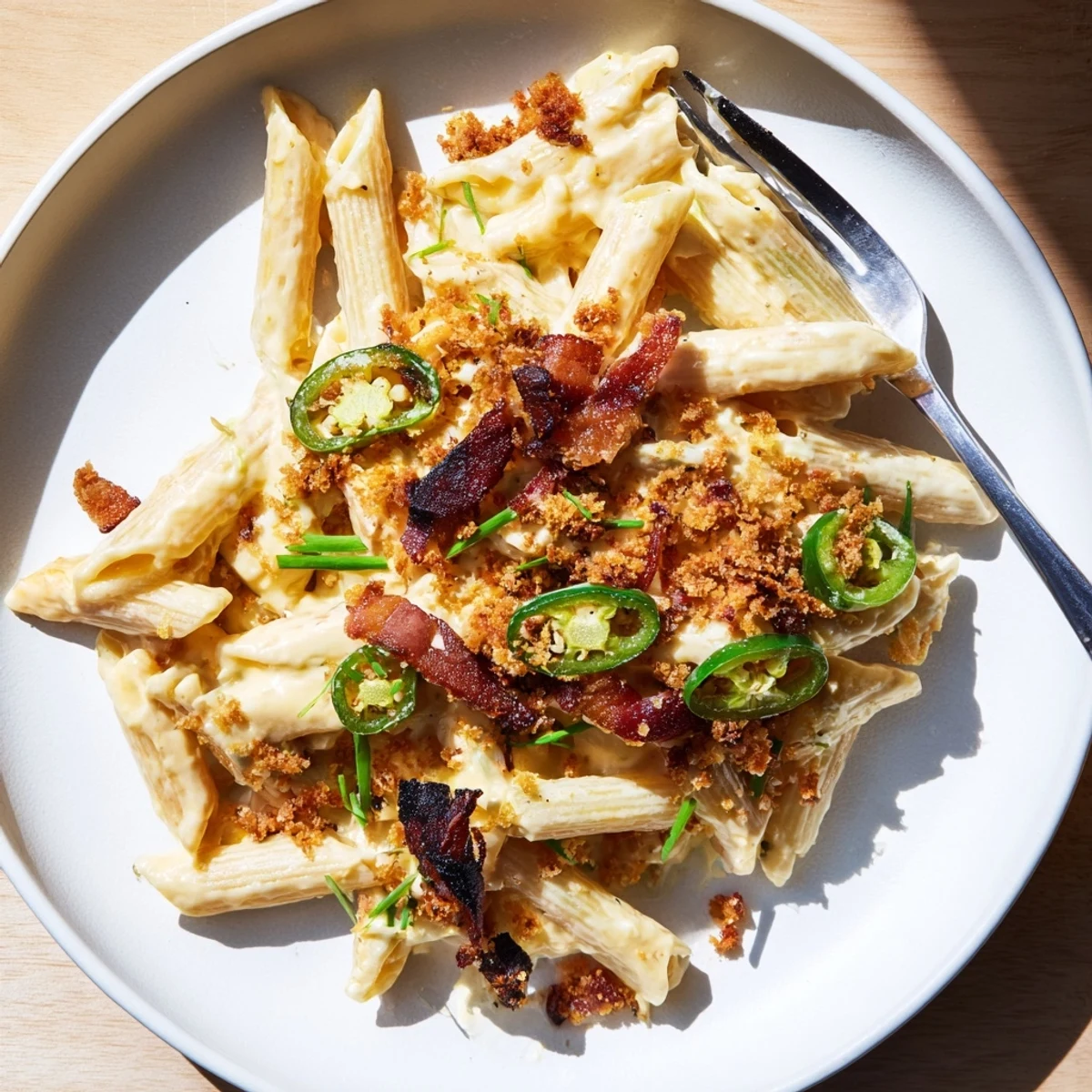 Creamy Jalapeño Popper Pasta is tossed with roasted peppers, crispy bacon, and a rich cheddar cheese sauce in a skillet.